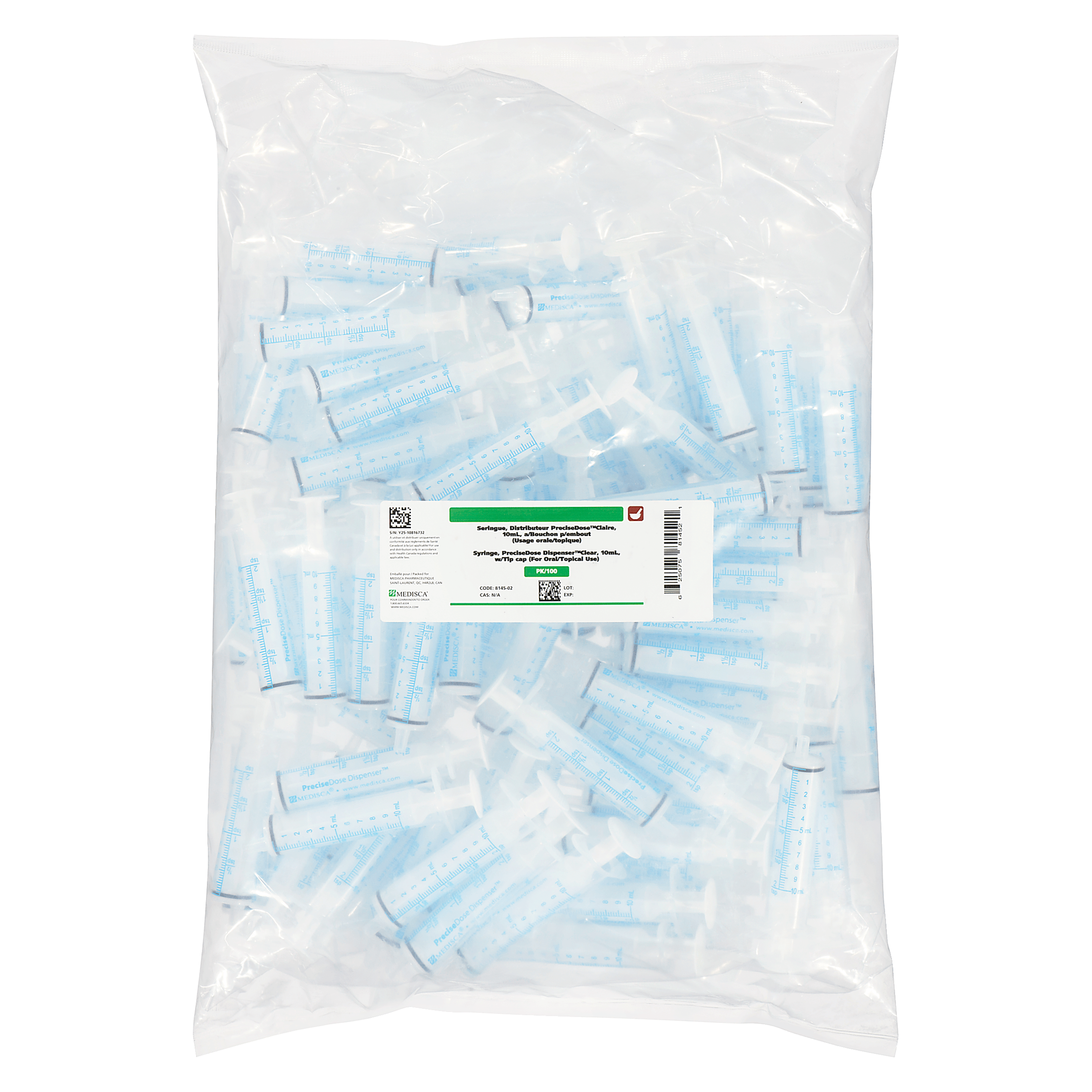 Medisca Syringe, PreciseDose Dispenser Clear, 10 ml, w/Tip Cap PK/100