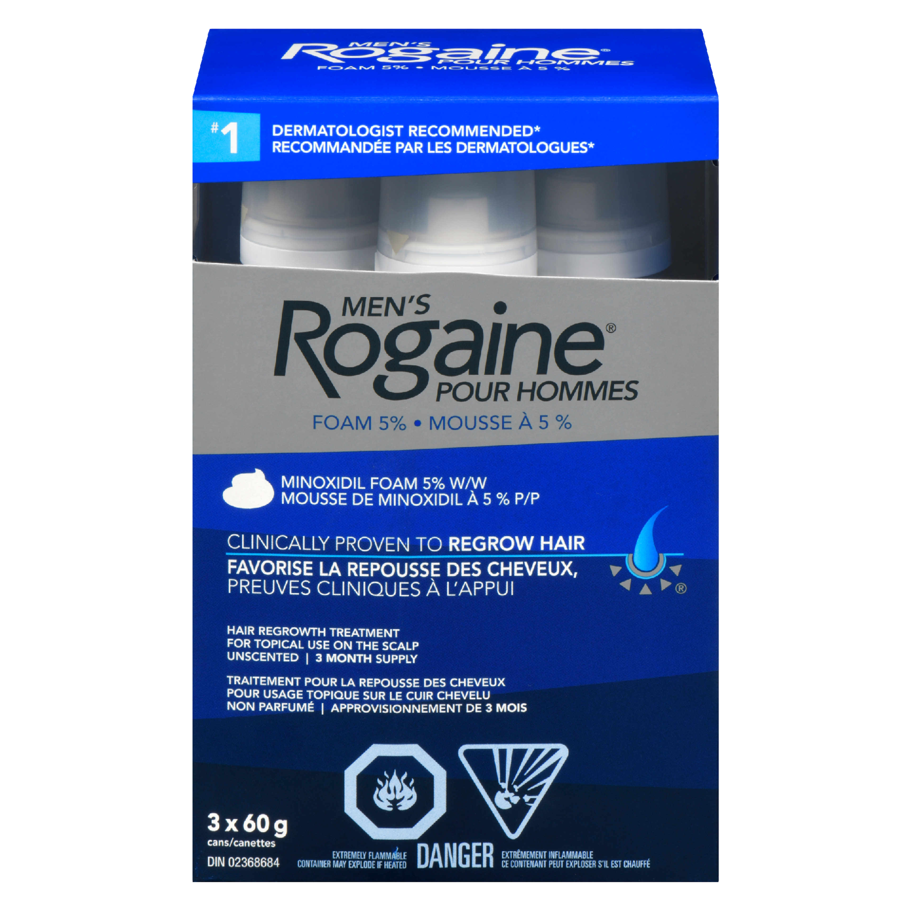 Men's Rogaine Hair Regrowth Treatment Minoxidil Foam 5% w/w Unscented 3 Cans x 60 g