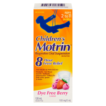 Motrin Children's Ibuprofen Oral Suspension 100 mg/5 ml Ages 2 to 11 Dye Free Berry Flavour 120 ml