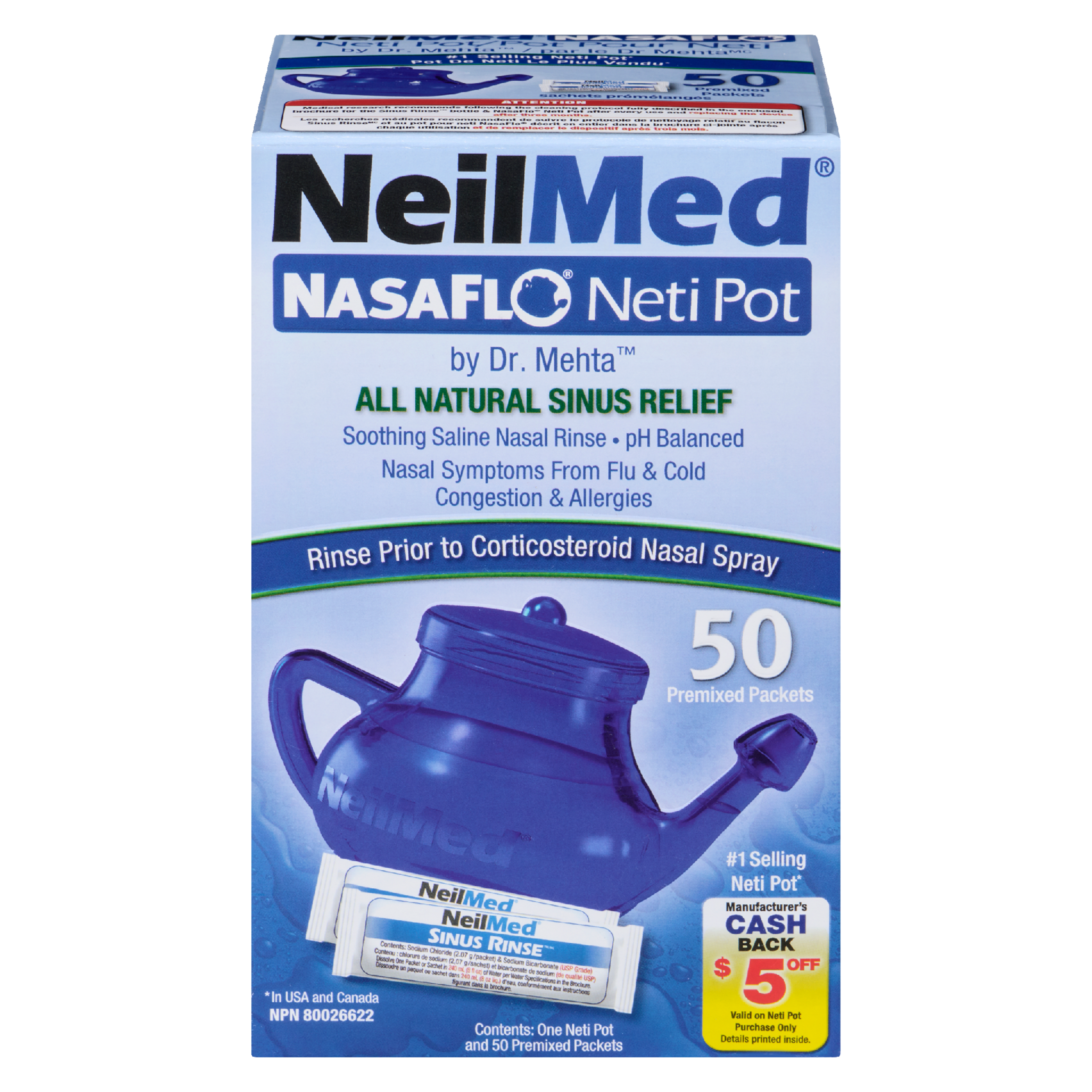 NeilMed NasaFlo Neti Pot 50 Premixed Packets