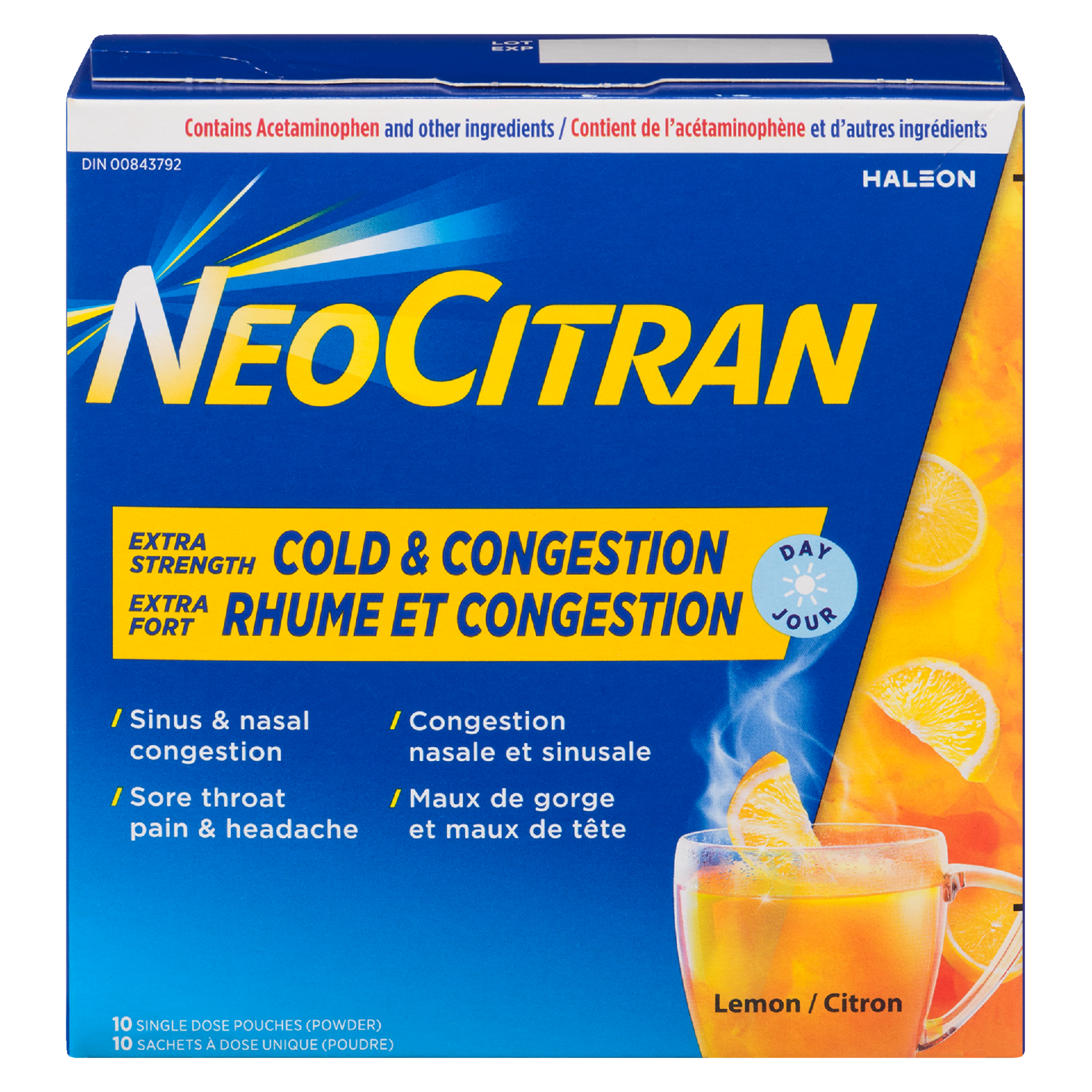 NeoCitran Cold & Congestion Powder Extra Strength Day Lemon 10 Single Dose Pouches