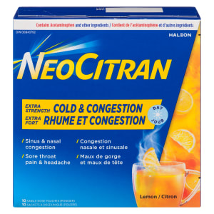 NeoCitran Cold & Congestion Powder Extra Strength Day Lemon 10 Single Dose Pouches