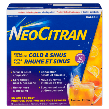 NeoCitran Cold & Sinus Powder Extra Strength Night Lemon 10 Single Dose Pouches