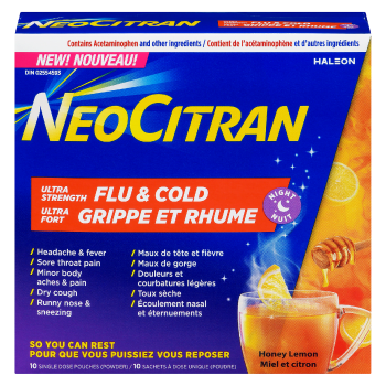 NeoCitran Flu & Cold Powder Ultra Strength Night Honey Lemon 10 Single Dose Pouches
