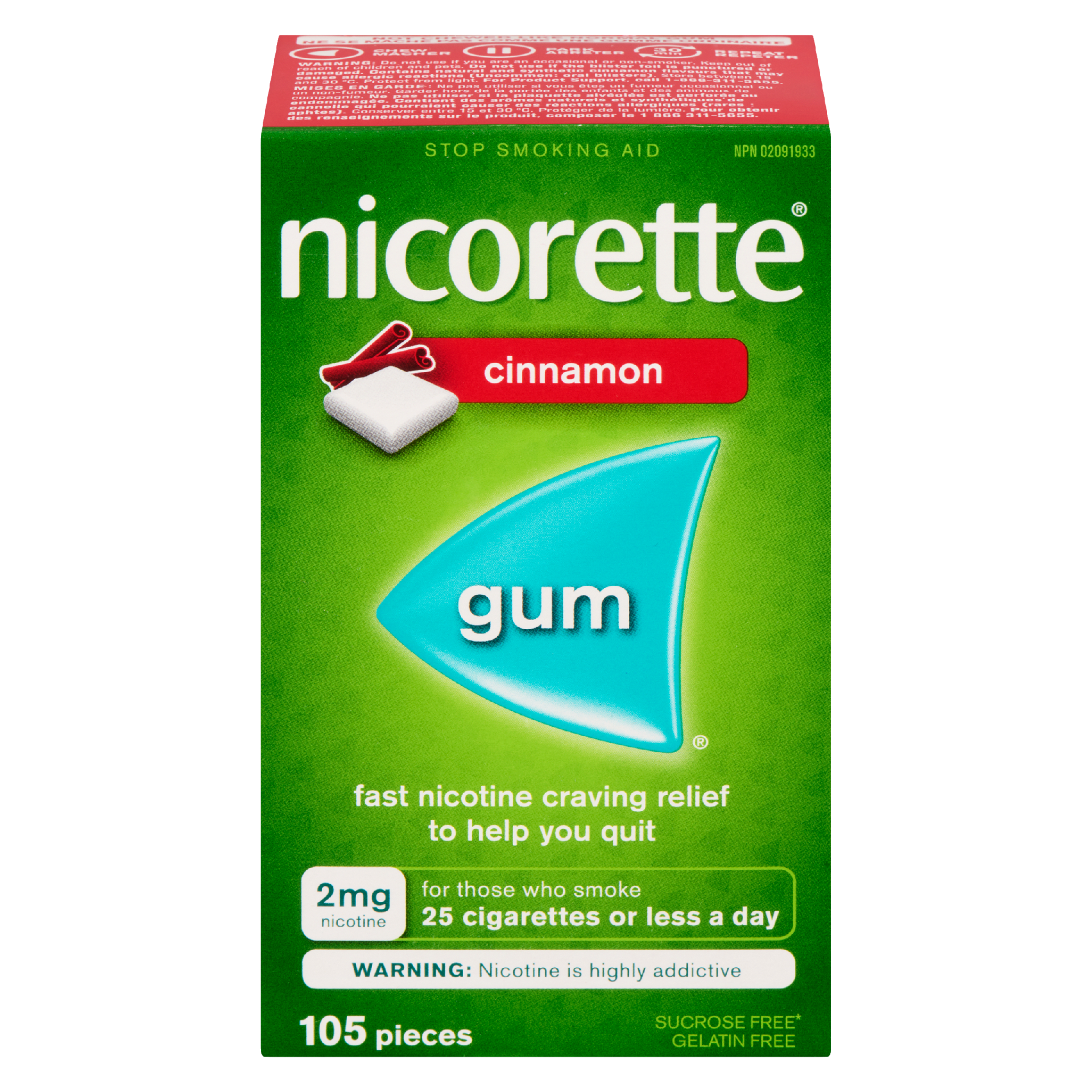 Nicorette Gum Stop Smoking Aid 2 mg Nicotine Cinnamon 105 Pieces