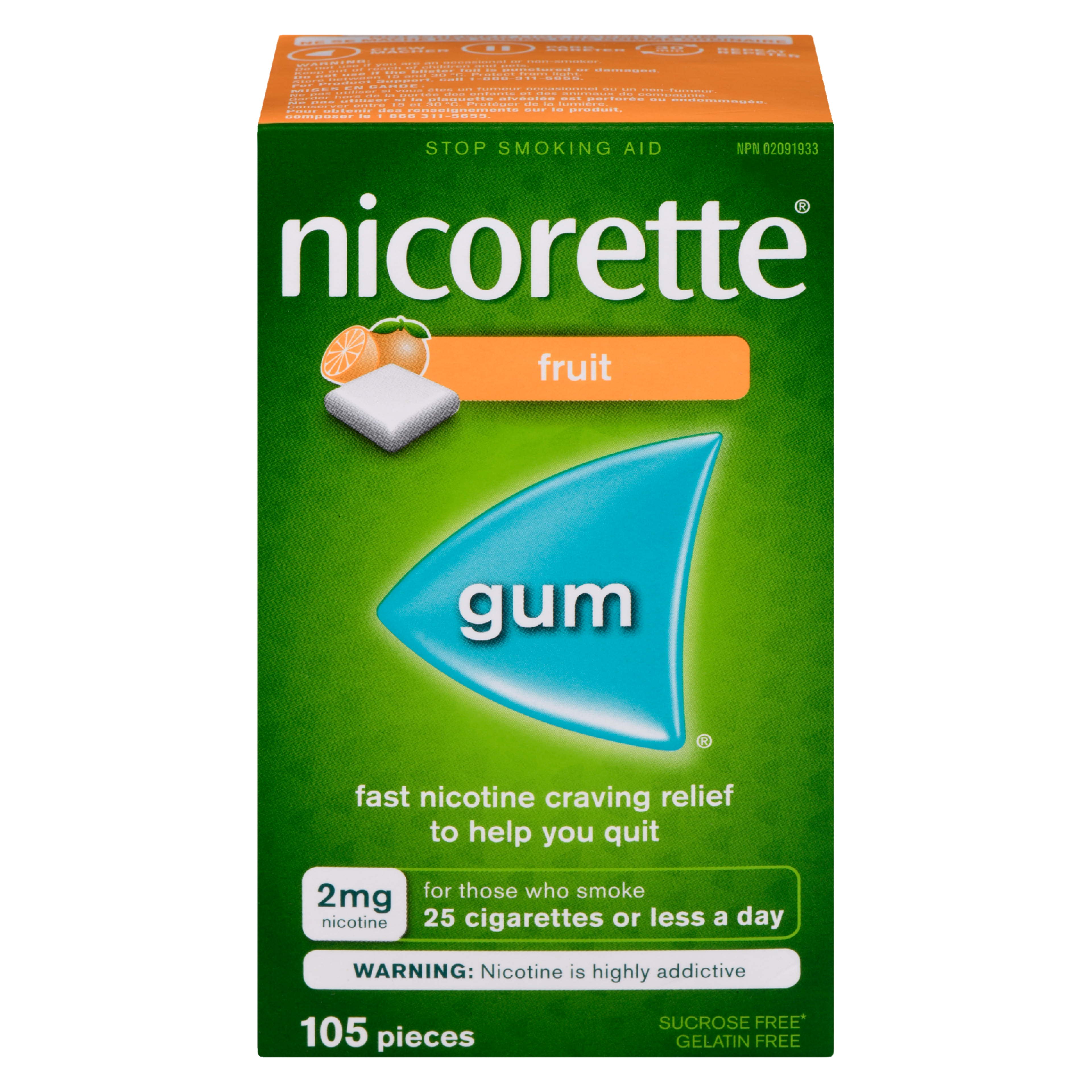 Nicorette Gum Stop Smoking Aid 2 mg Nicotine Fruit 105 Pieces
