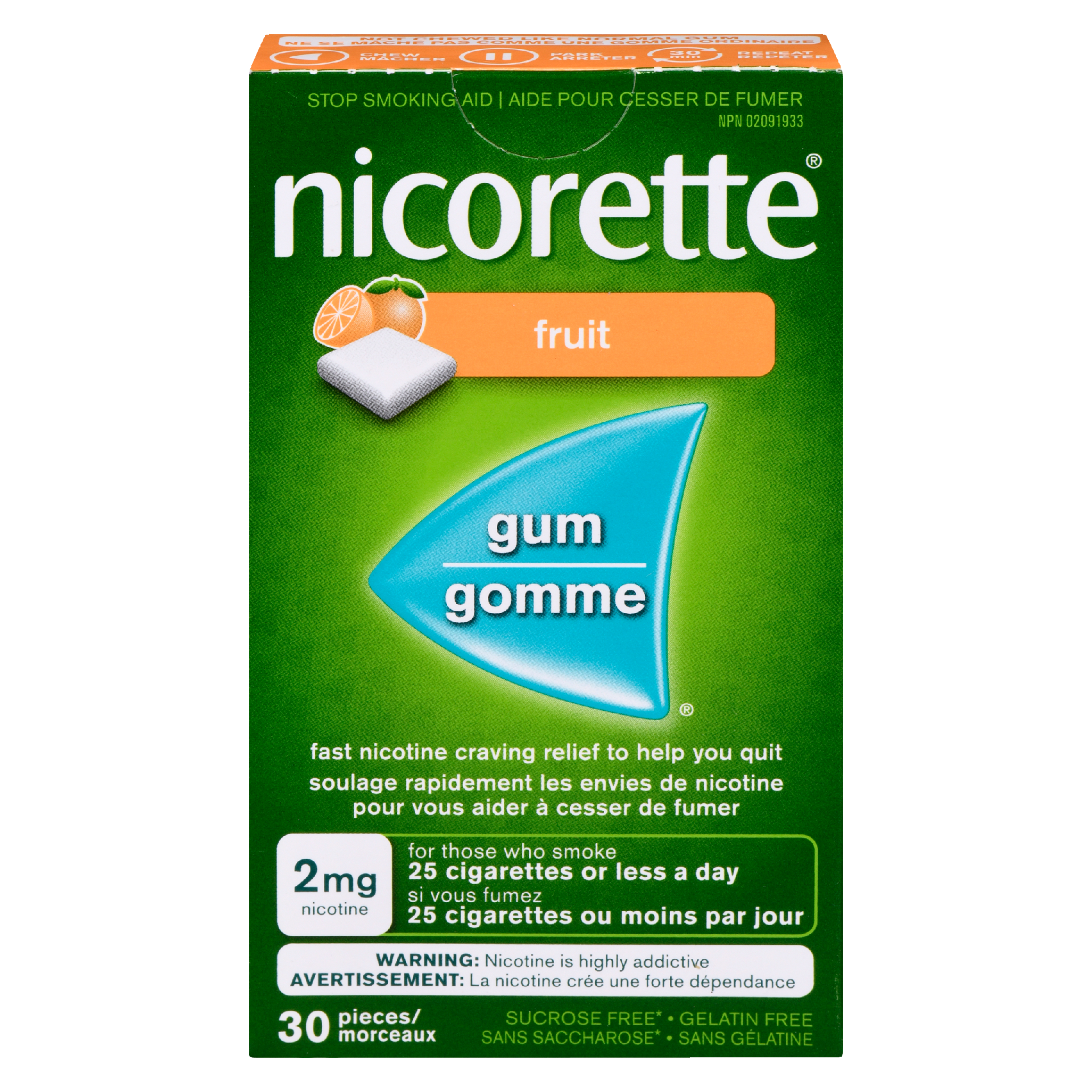 Nicorette Gum Stop Smoking Aid 2 mg Nicotine Fruit 30 Pieces