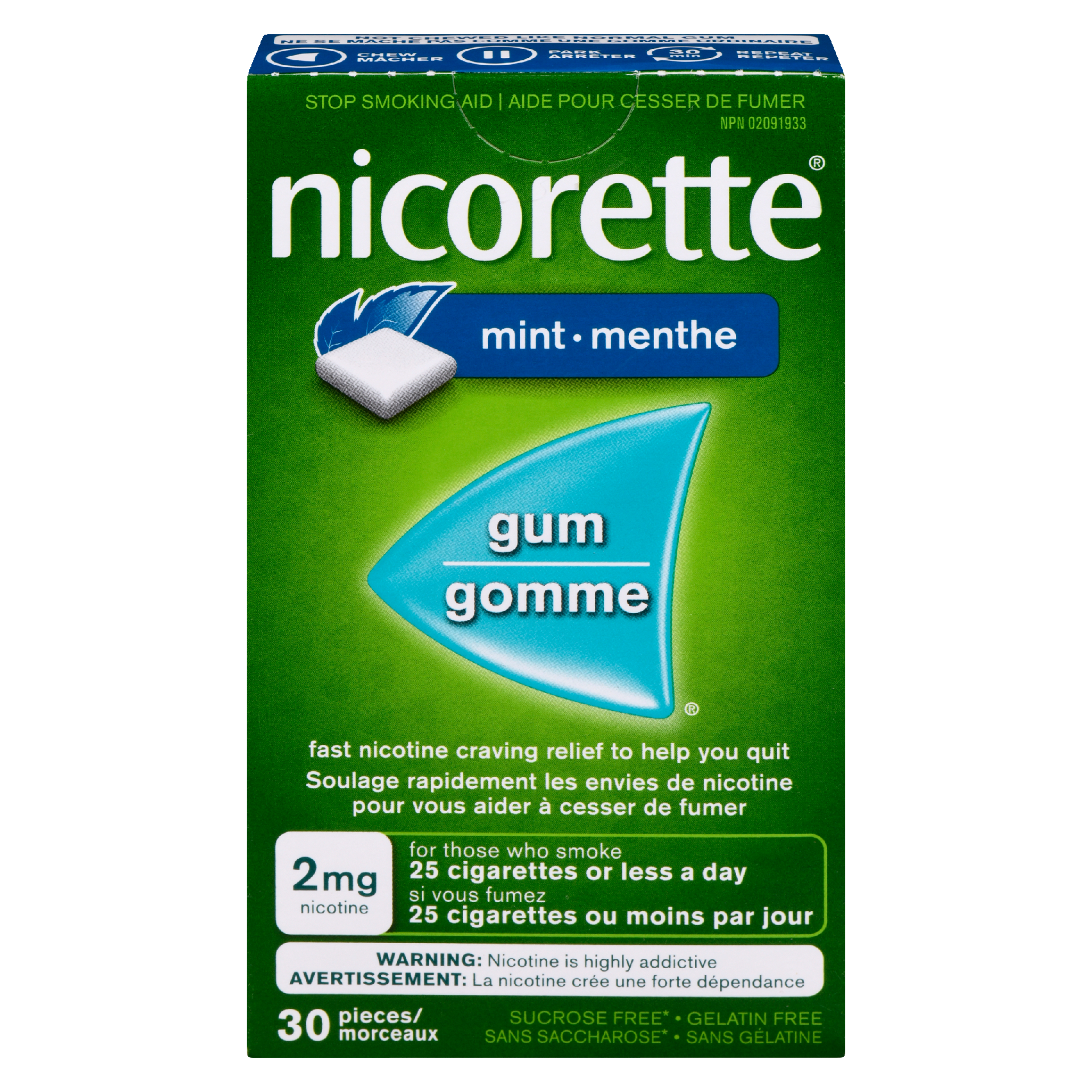 Nicorette Gum Stop Smoking Aid 2 mg Nicotine Mint 30 Pieces