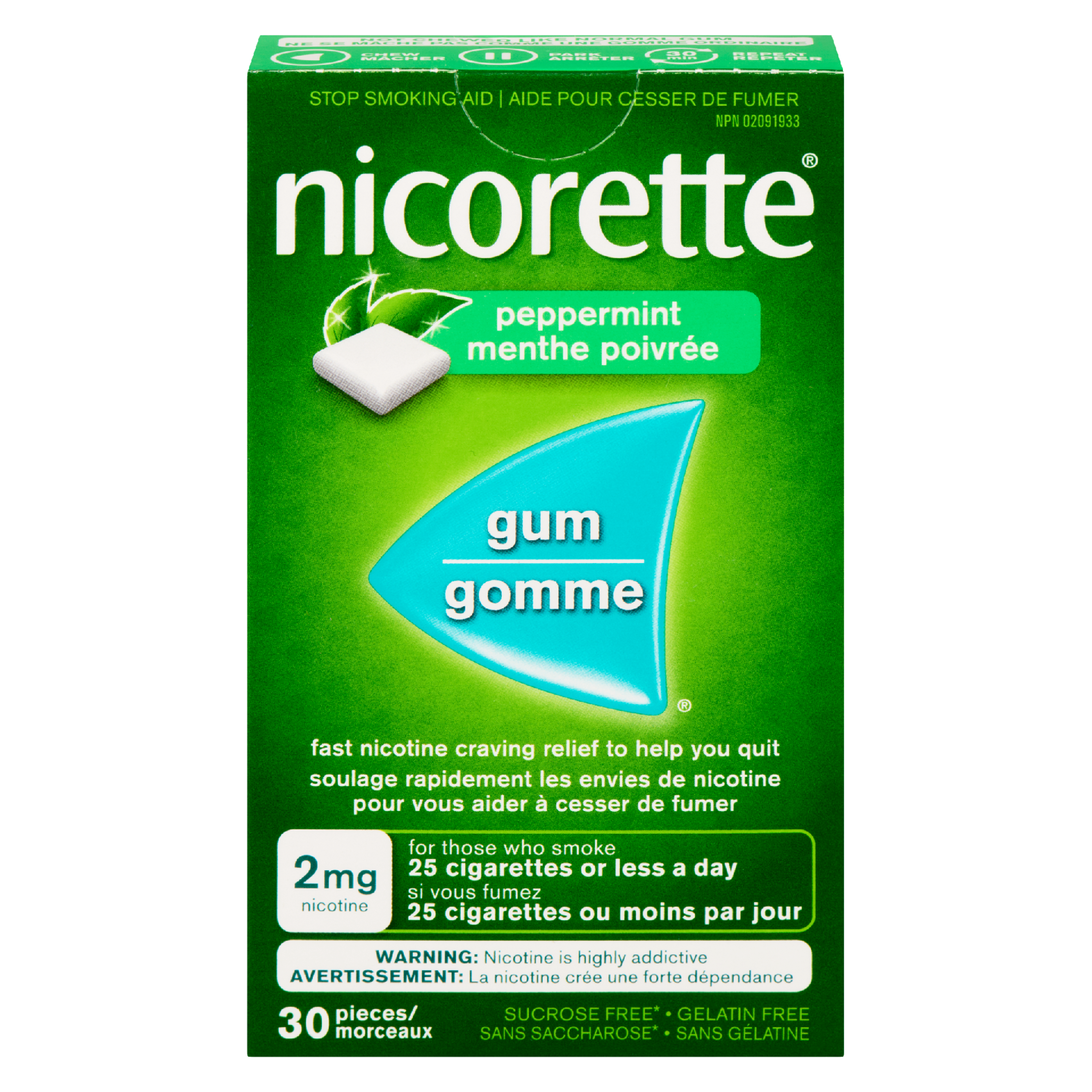 Nicorette Gum Stop Smoking Aid 2 mg Nicotine Peppermint 30 Pieces