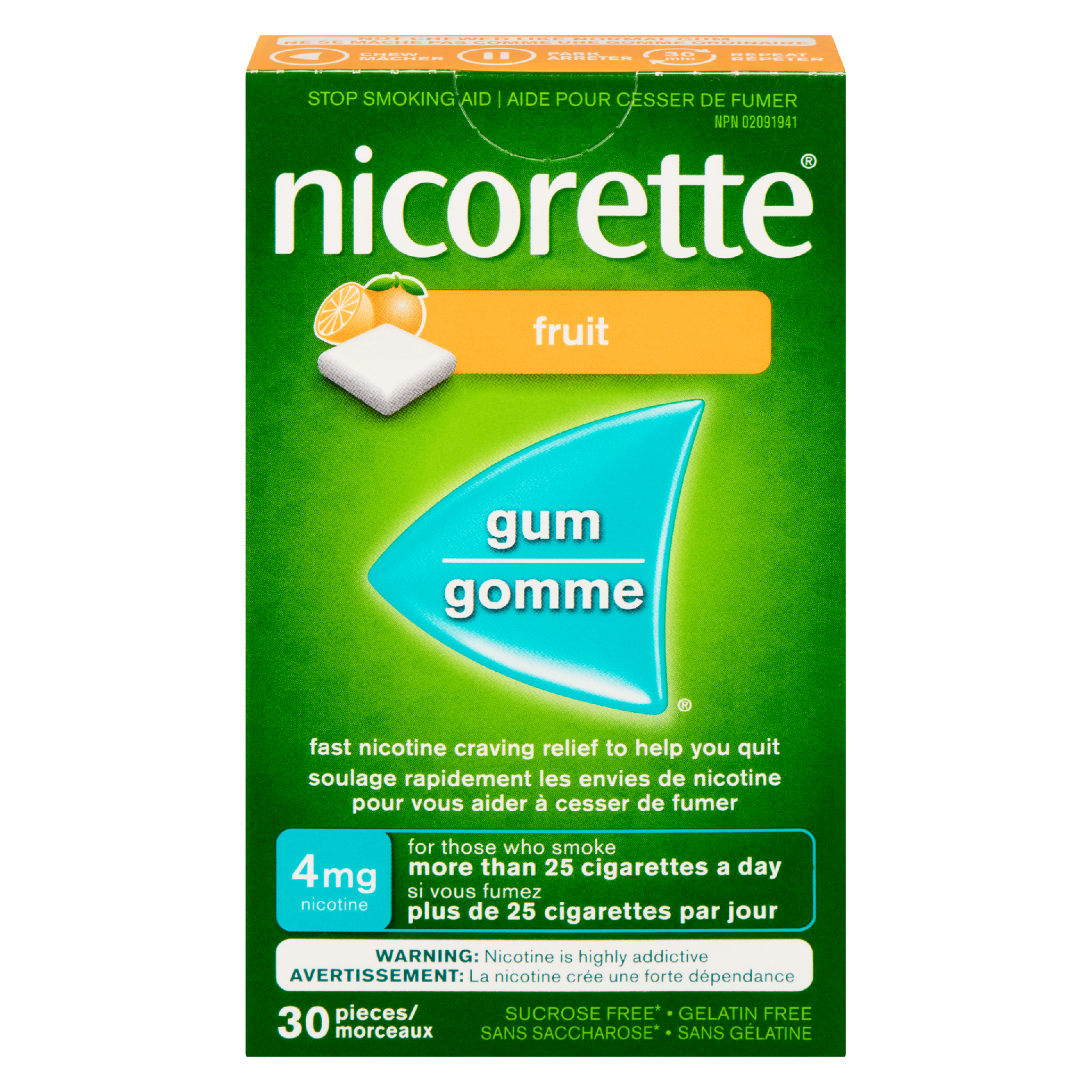 Nicorette Gum Stop Smoking Aid 4 mg Nicotine Fruit 30 Pieces