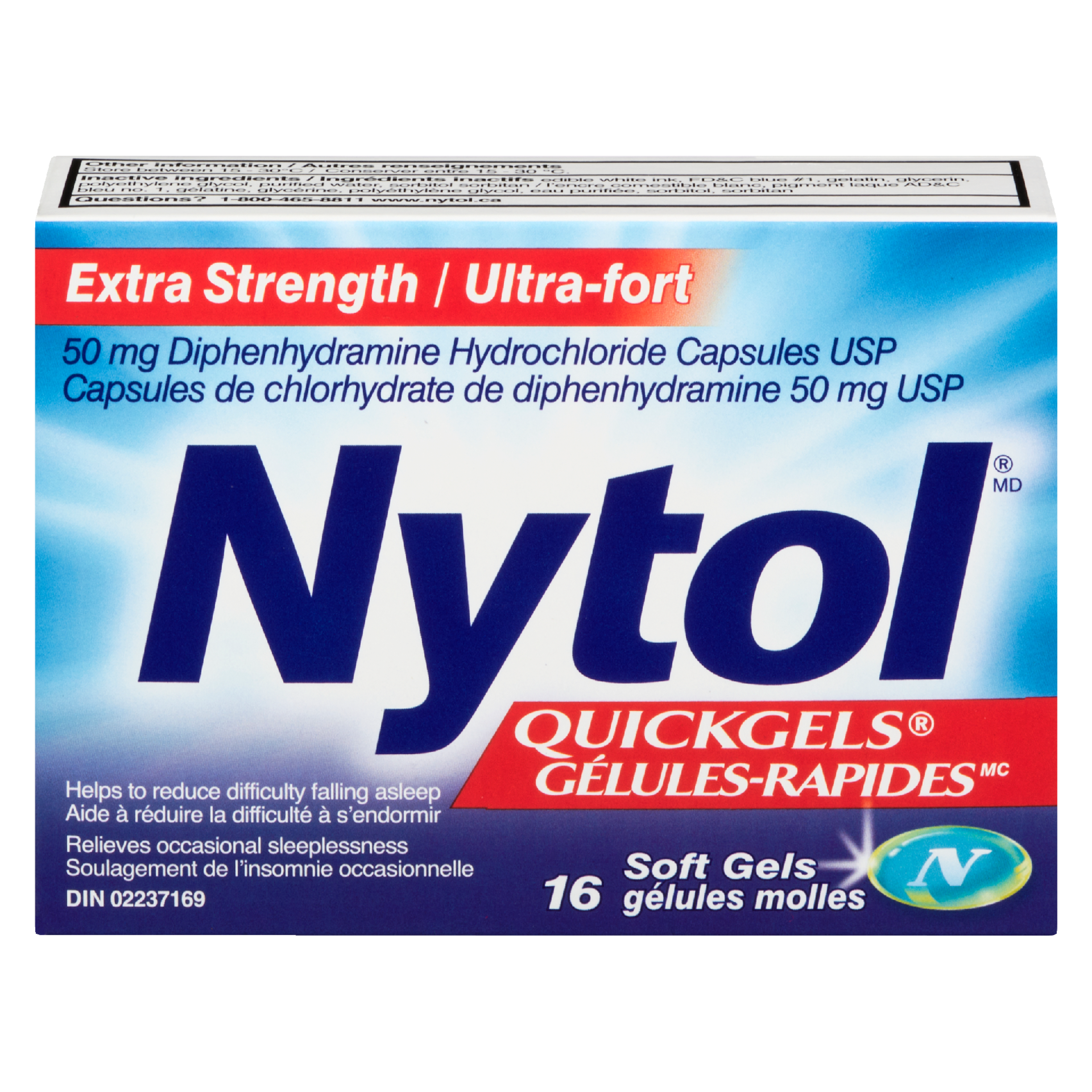 Nytol Quickgels 50 mg Diphenhydramine Hydrochloride Capsules USP Extra Strength 16 Soft Gels