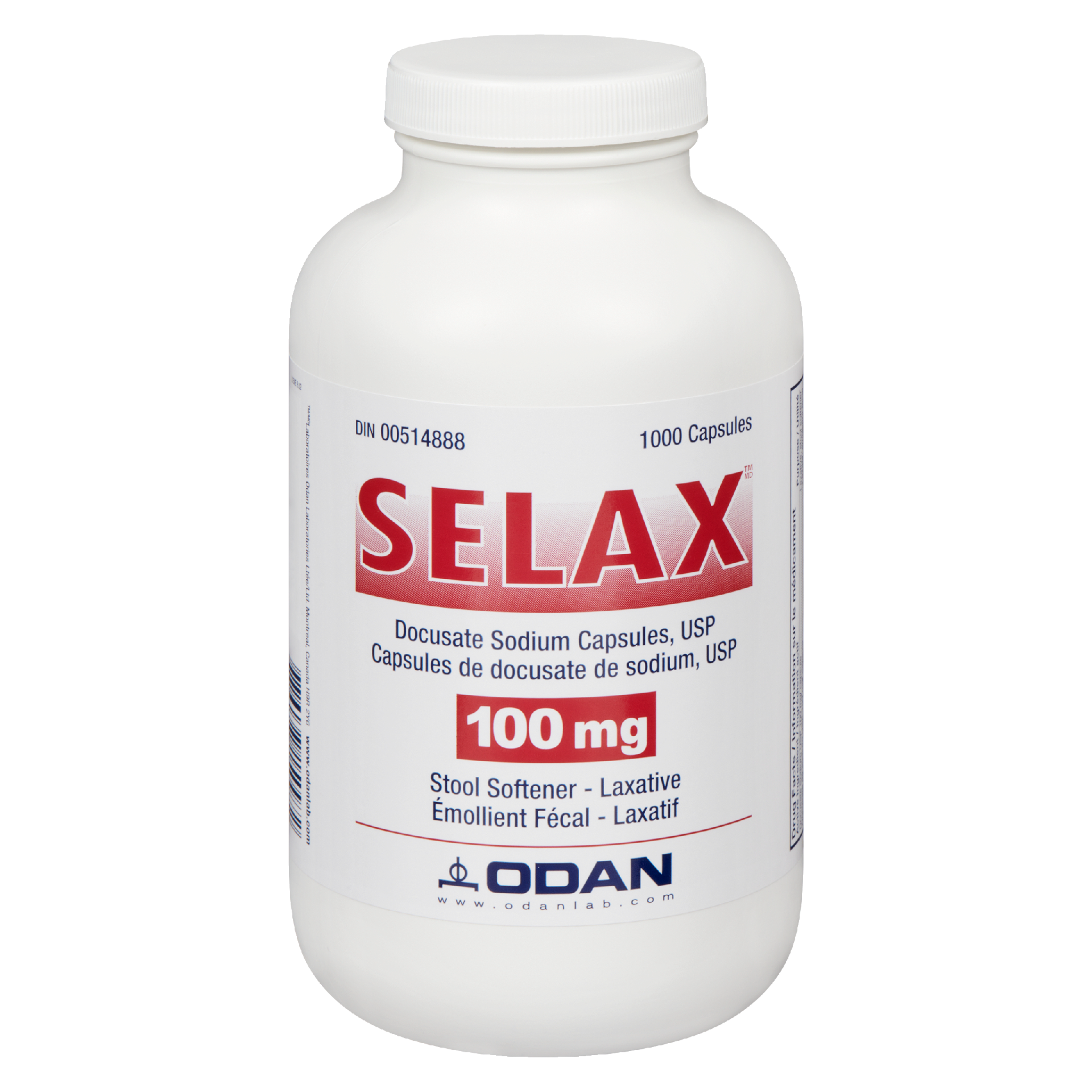 Odan Selax Stool Softener Laxative 100 mg 1000 Capsules