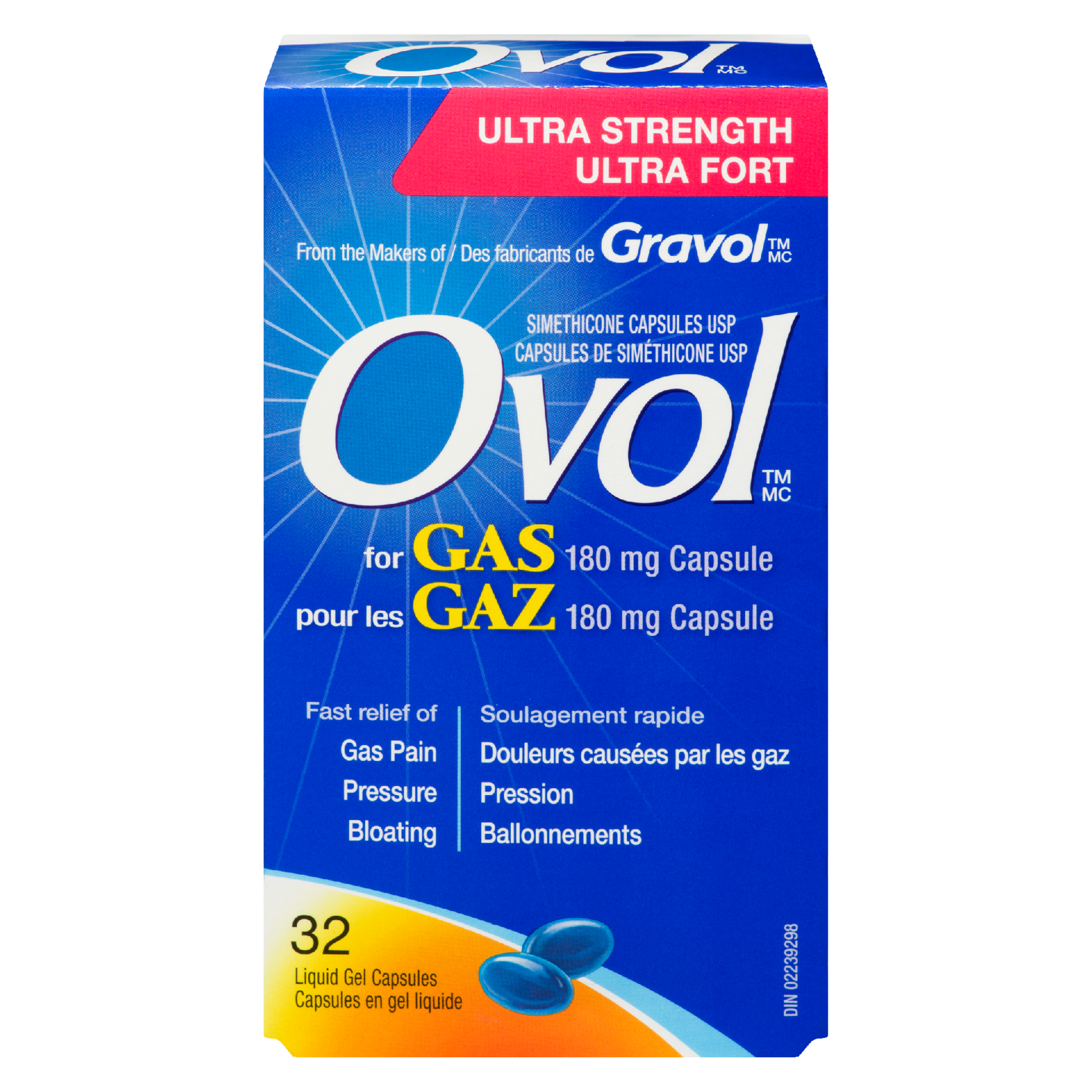 Ovol Simethicone Capsules USP for Gas 180 mg Capsule 32 Liquid Gel Capsules