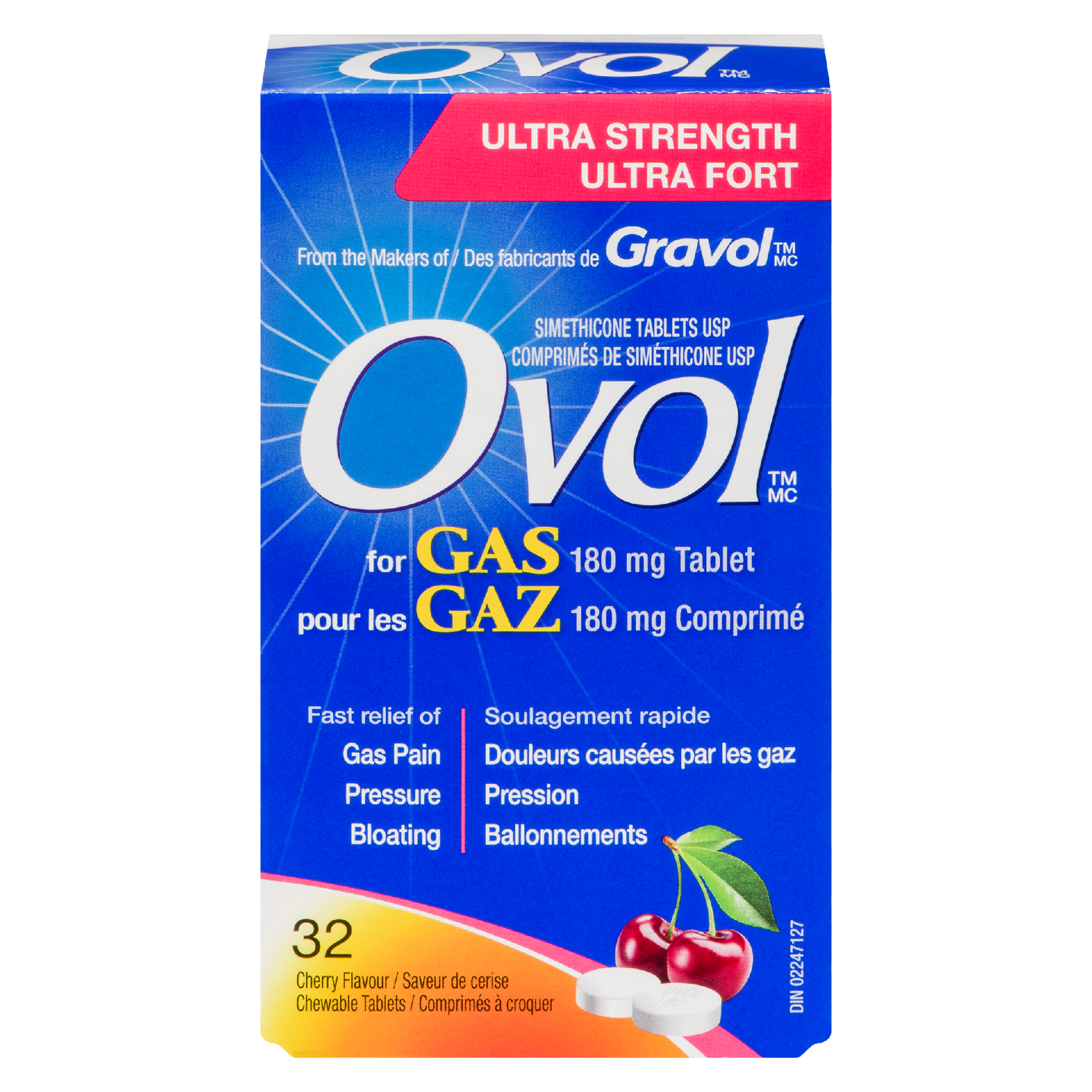 Ovol Simethicone Tablets USP for Gas 180 mg Tablet Cherry Flavour Ultra Strength 32 Chewable Tablets