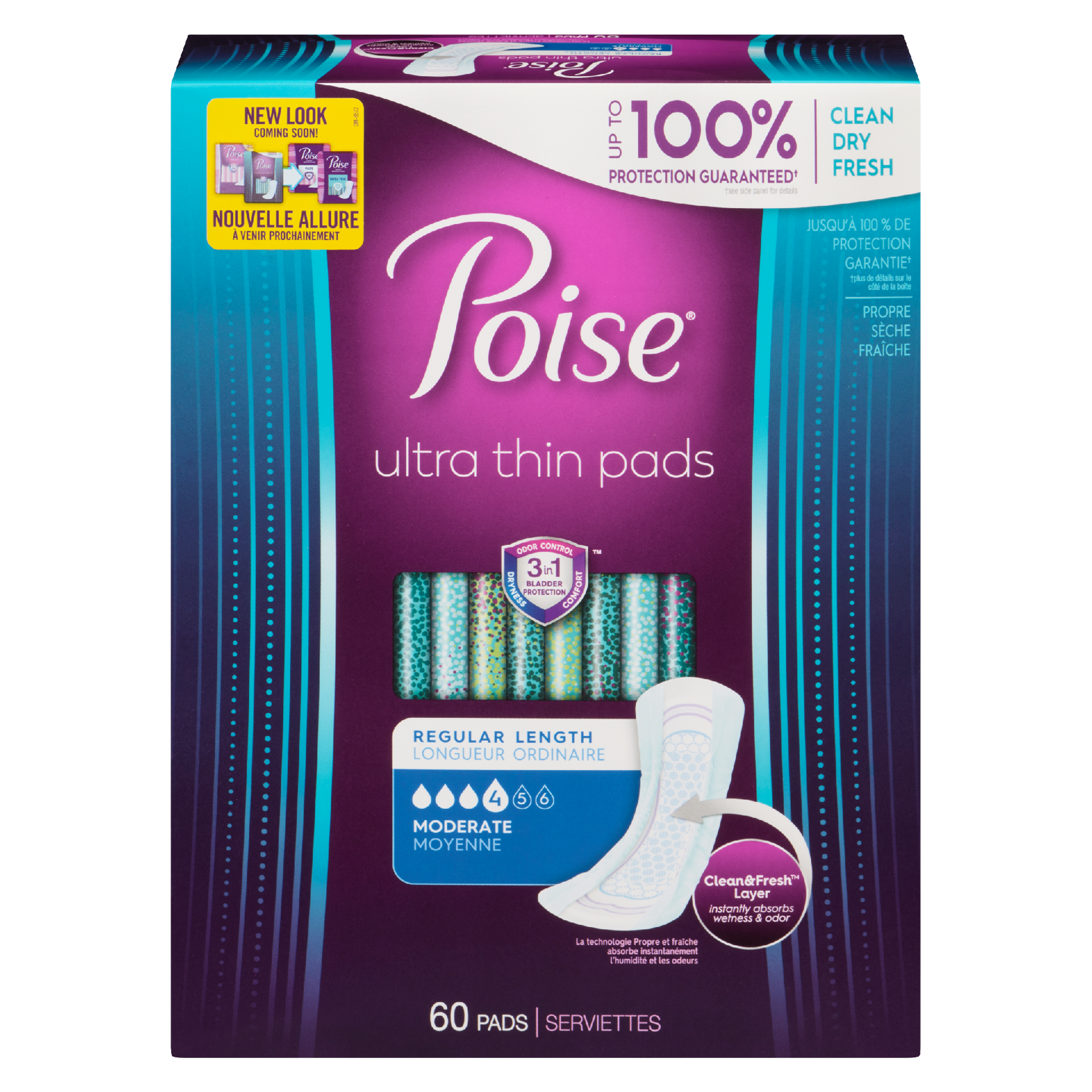 Poise Ultra Thin Pads Regular Length Moderate 60 Pads