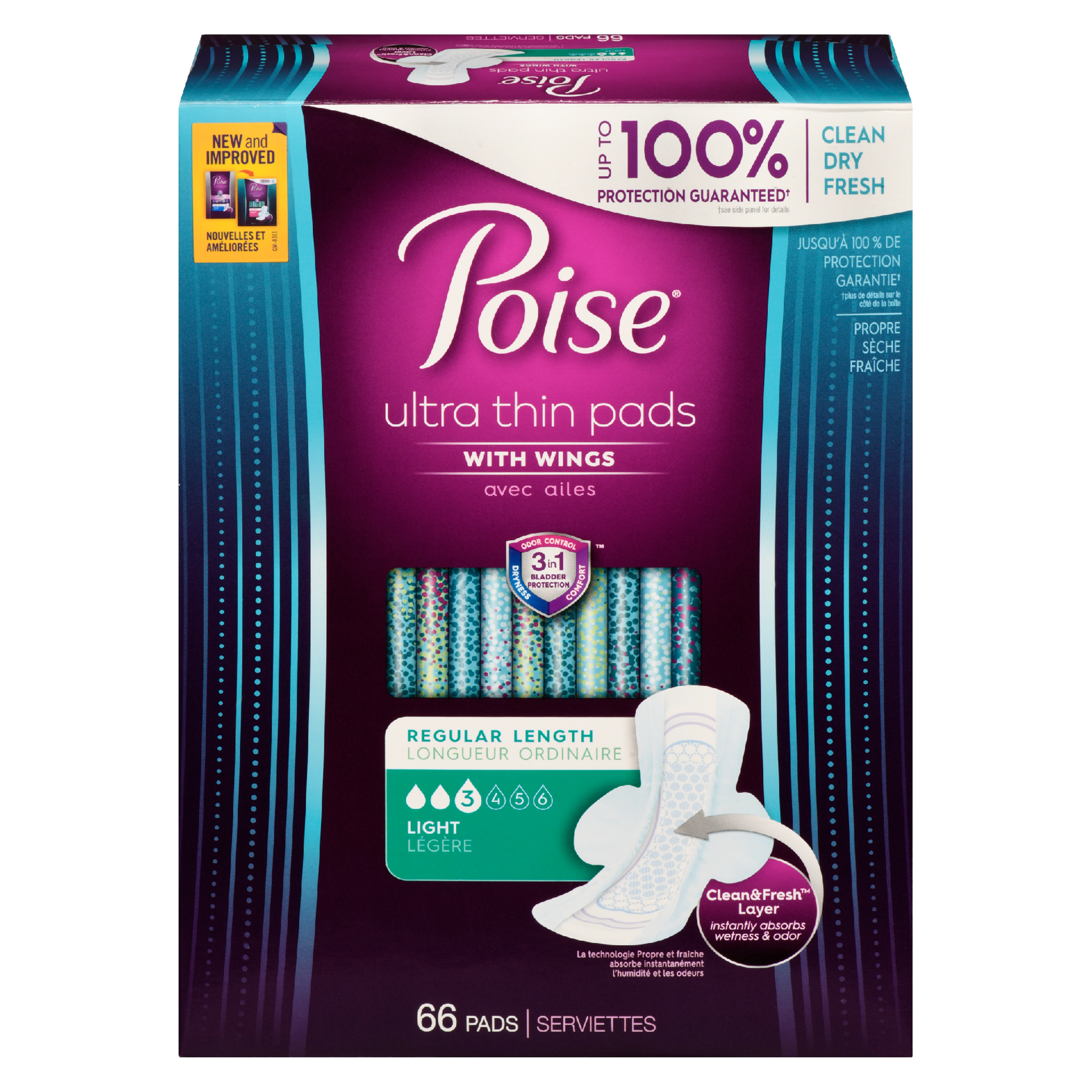 Poise Ultra Thin Pads with Wings Regular Length Light 66 Pads