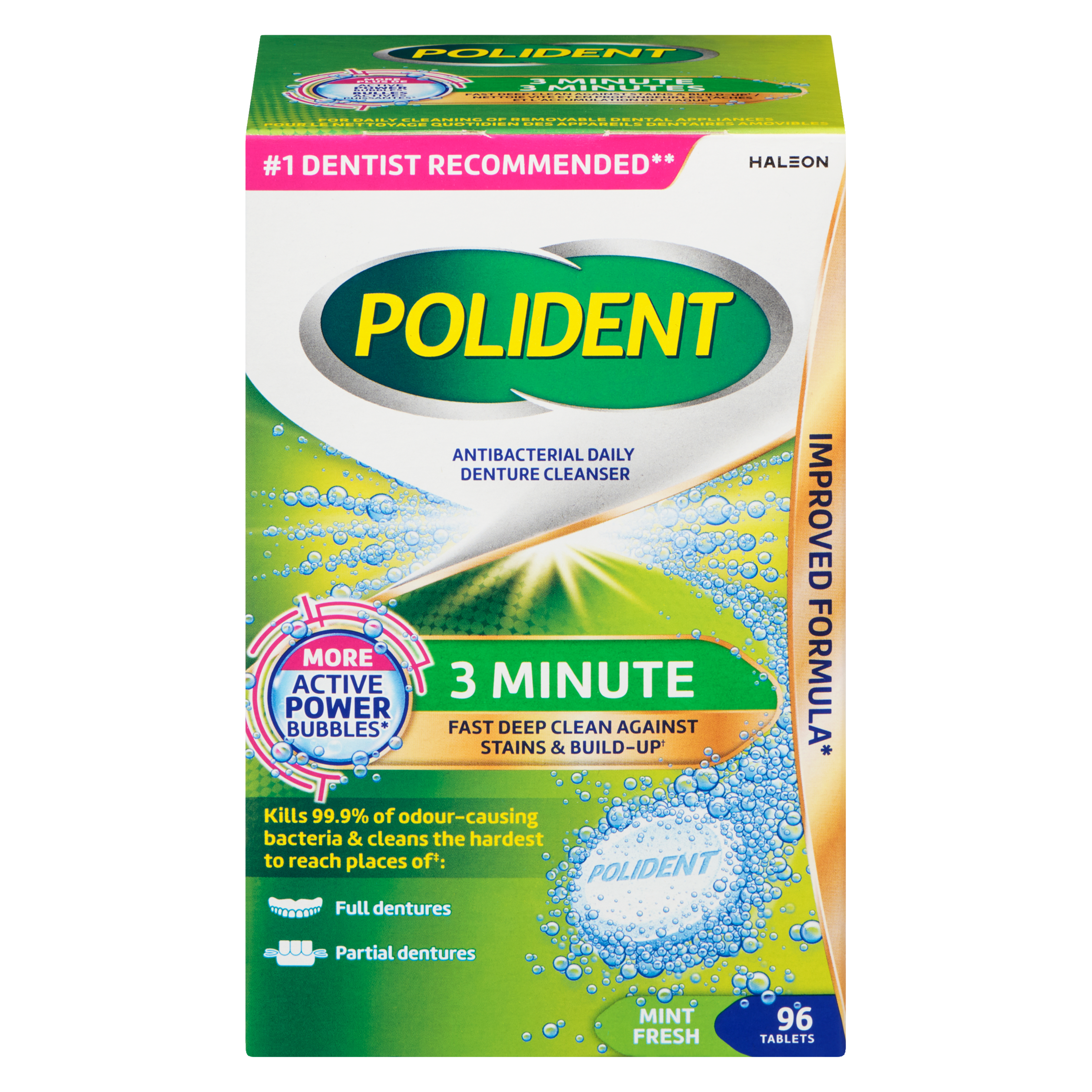 Polident Antibacterial Daily Denture Cleanser 3 Minute Mint Fresh 96 Tablets