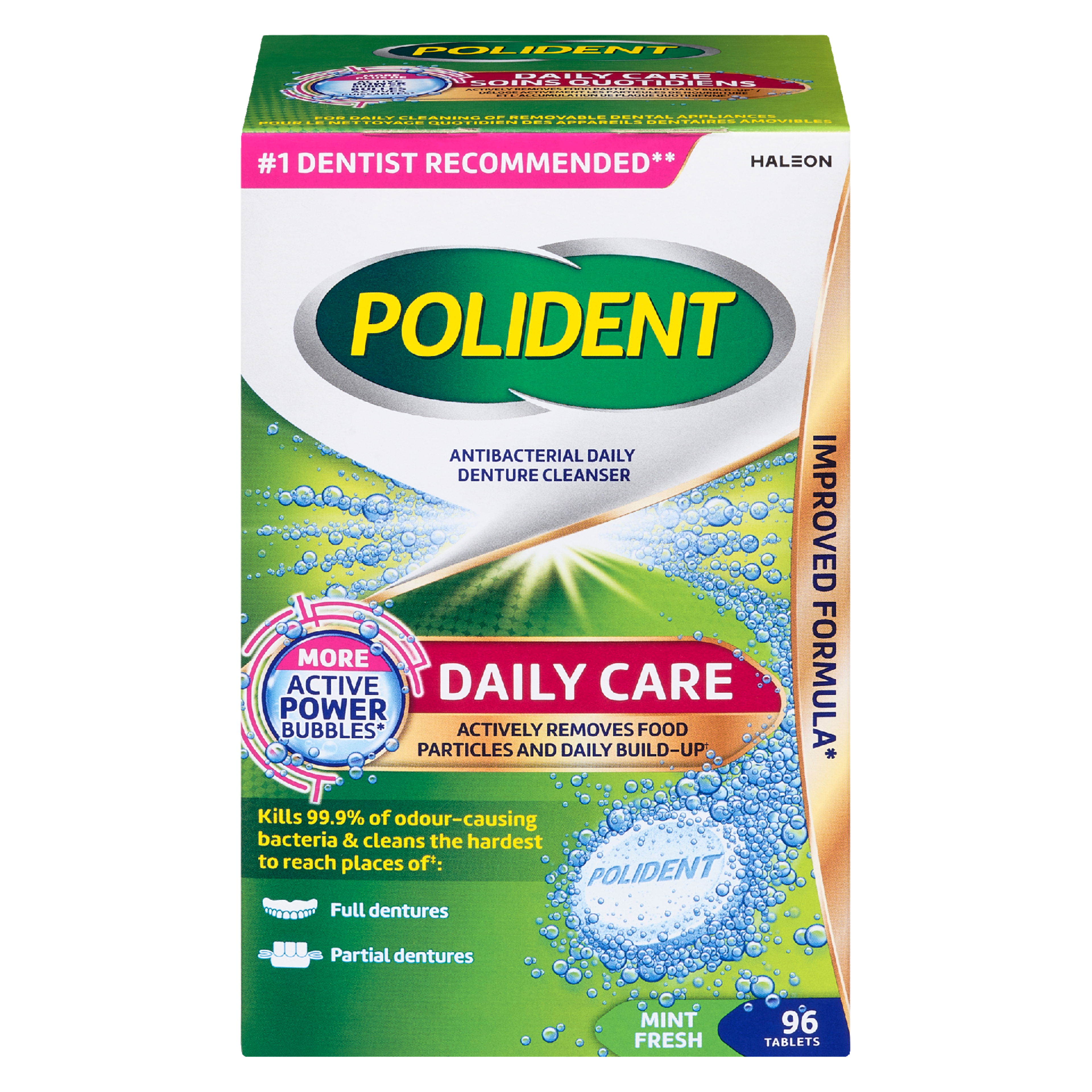 Polident Antibacterial Daily Denture Cleanser Daily Care Mint Fresh 96 Tablets