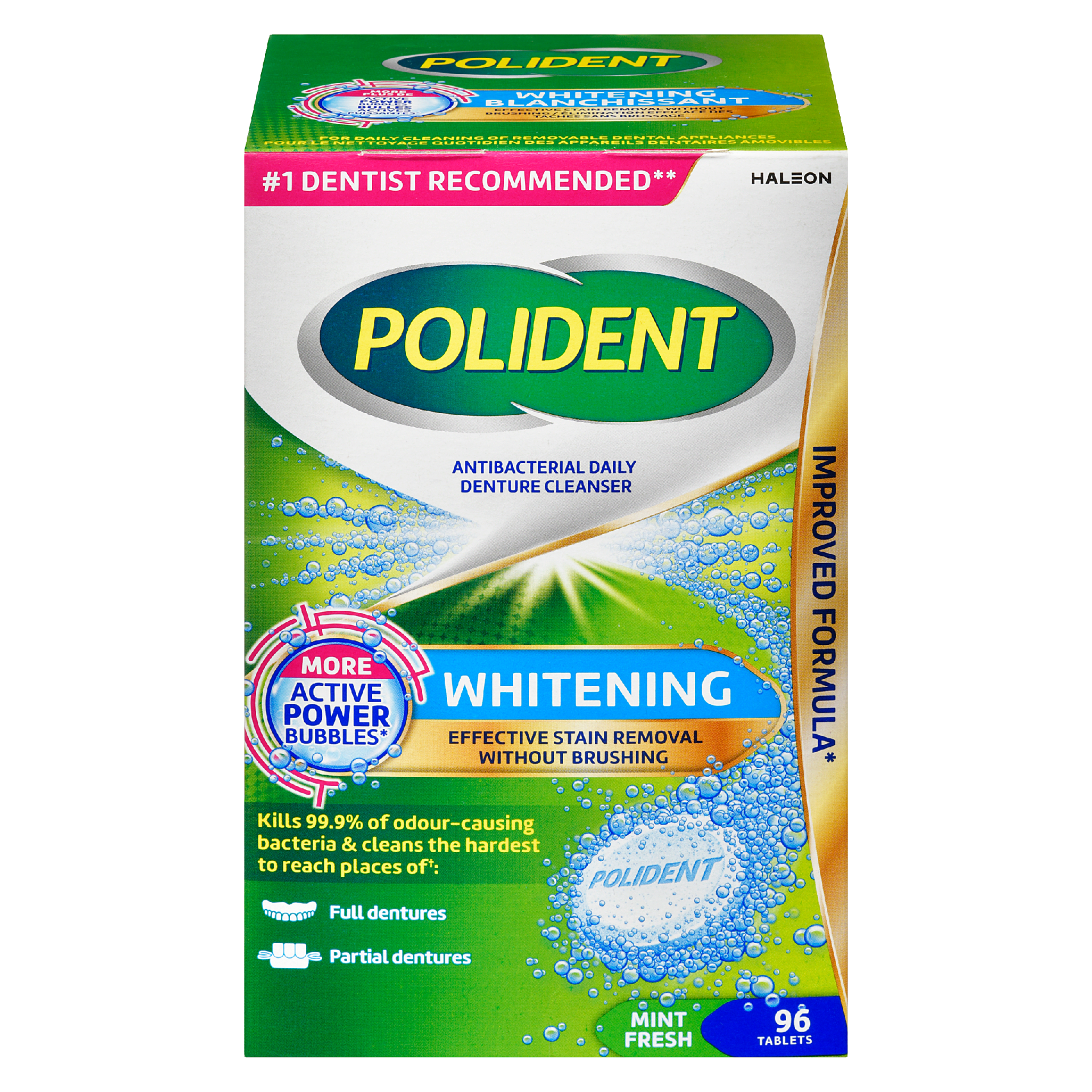 Polident Antibacterial Daily Denture Cleanser Whitening Mint Fresh 96 Tablets
