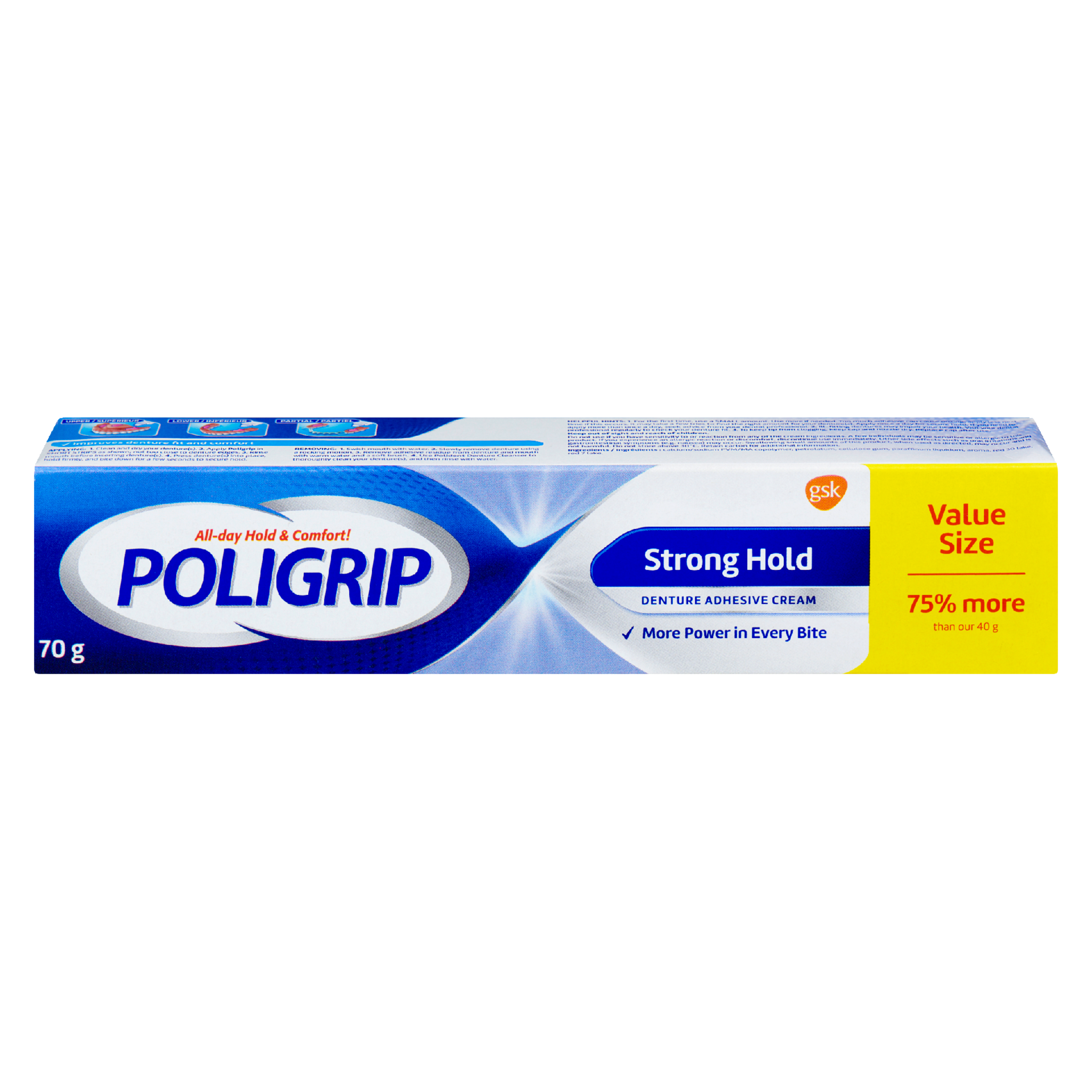 Poligrip Denture Adhesive Cream Strong Hold Value Size 70 g