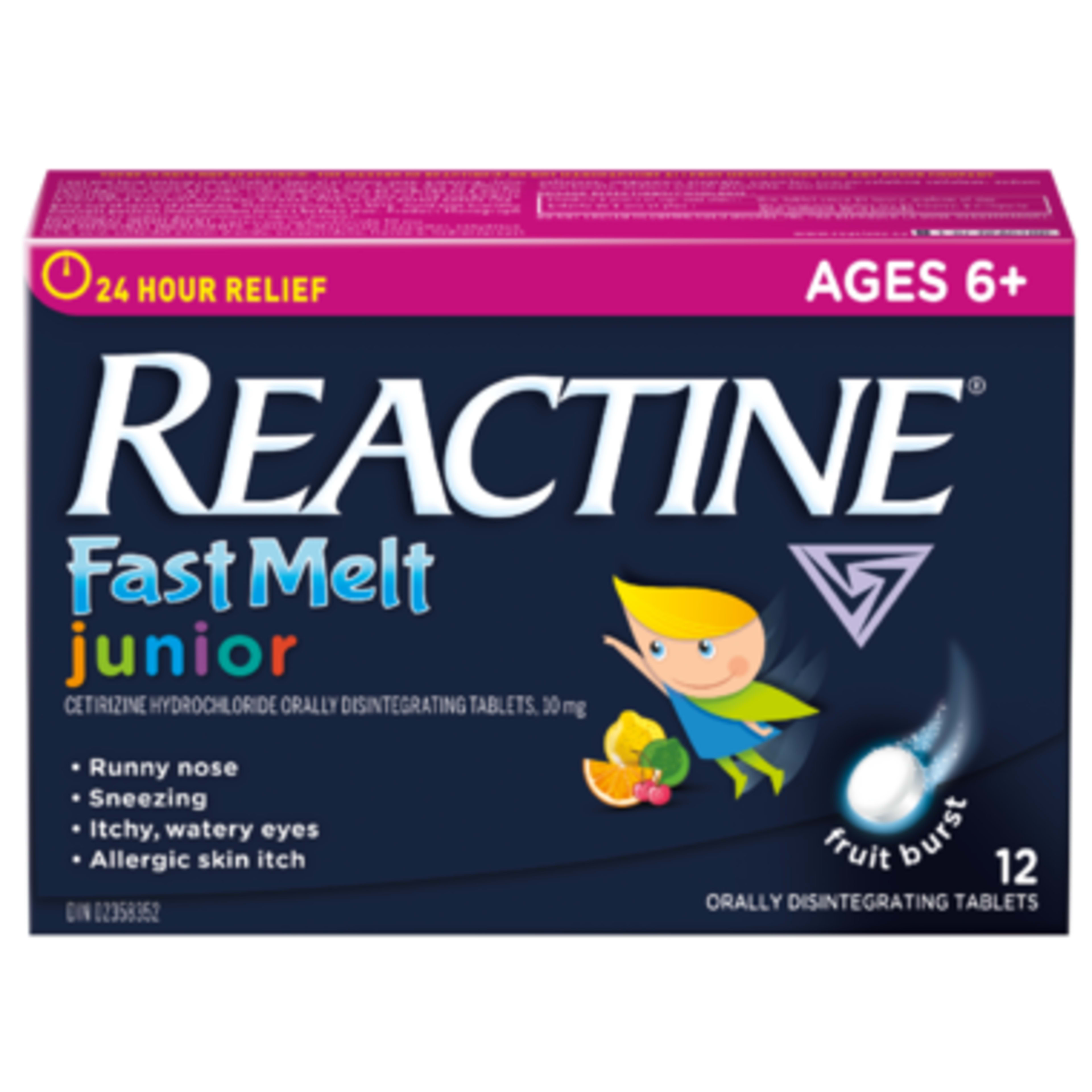 REACTINE Fast Melt Cetirizine Hydrochloride Orally Disintegrating Tablets, 10 mg Junior Fruit Burst Ages 6+ 12 Orally Disintegrating Tablets