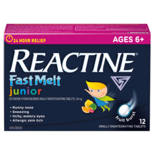 REACTINE Fast Melt Cetirizine Hydrochloride Orally Disintegrating Tablets, 10 mg Junior Fruit Burst Ages 6+ 12 Orally Disintegrating Tablets