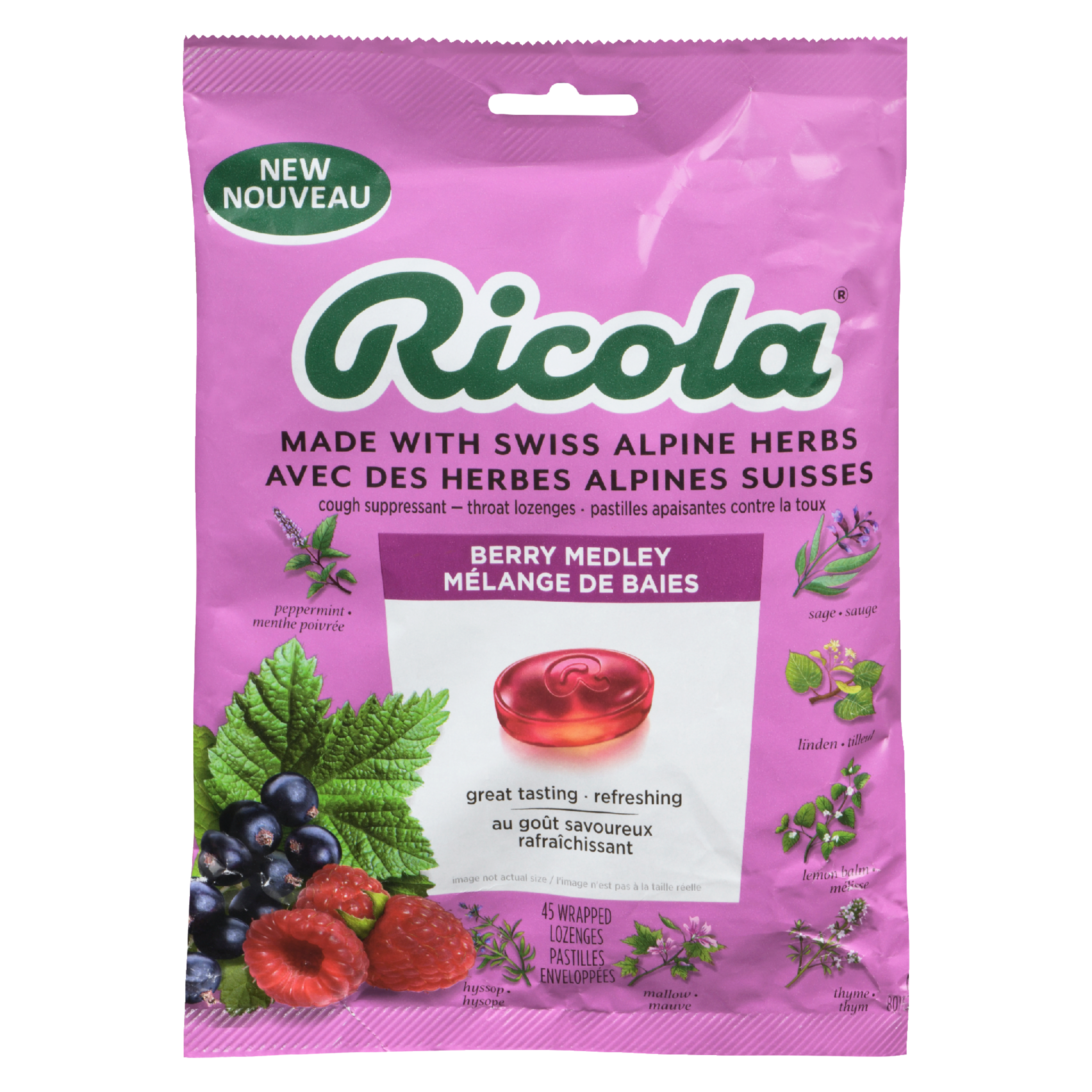 Ricola Cough Suppressant Throat Lozenges Berry Medley 45 Wrapped Lozenges