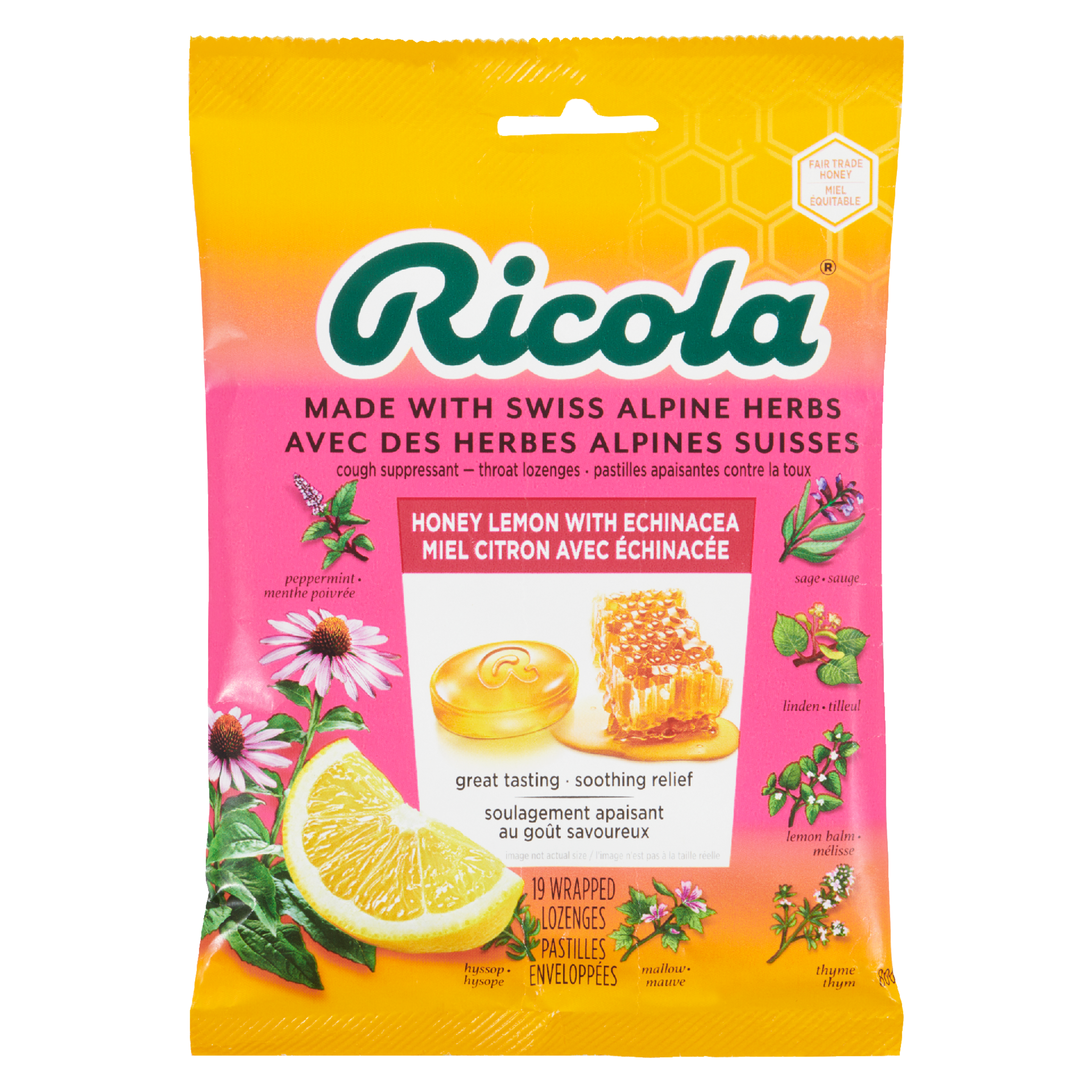 Ricola Cough Suppressant Throat Lozenges Honey Lemon with Echinacea 19 Wrapped Lozenges