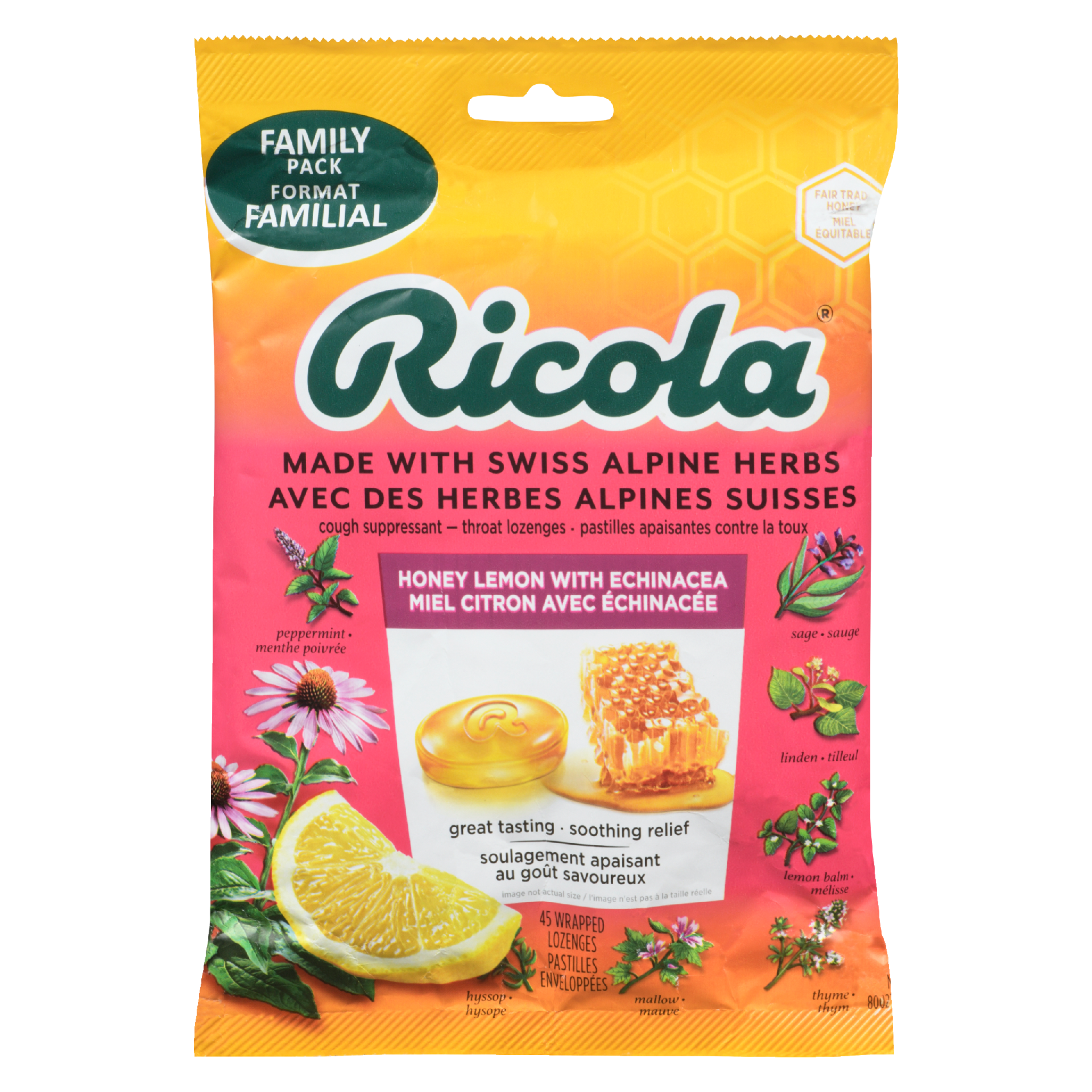 Ricola Cough Suppressant Throat Lozenges Honey Lemon with Echinacea Family Pack 45 Wrapped Lozenges
