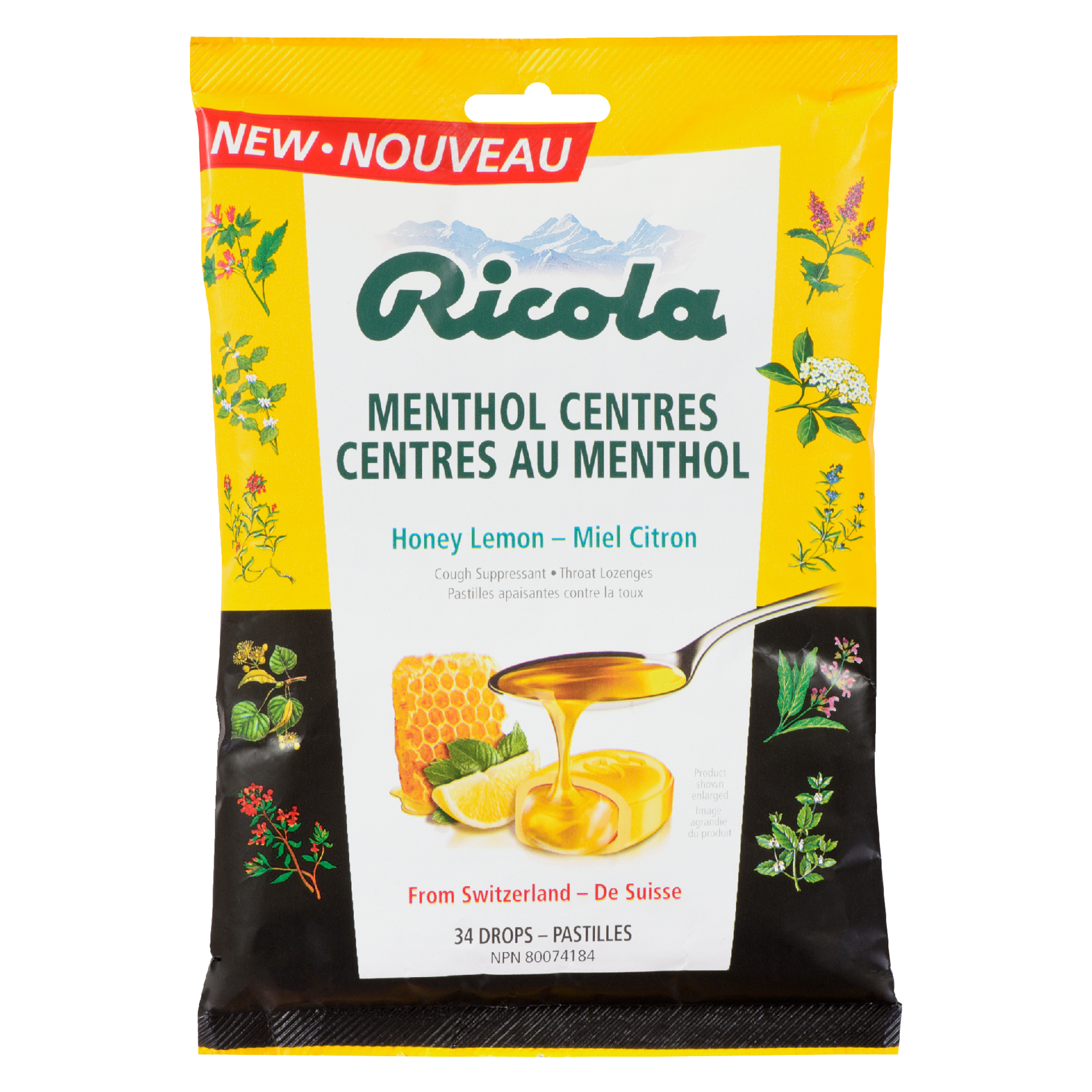 Ricola Cough Suppressant Throat Lozenges Menthol Centres Honey Lemon 34 Drops
