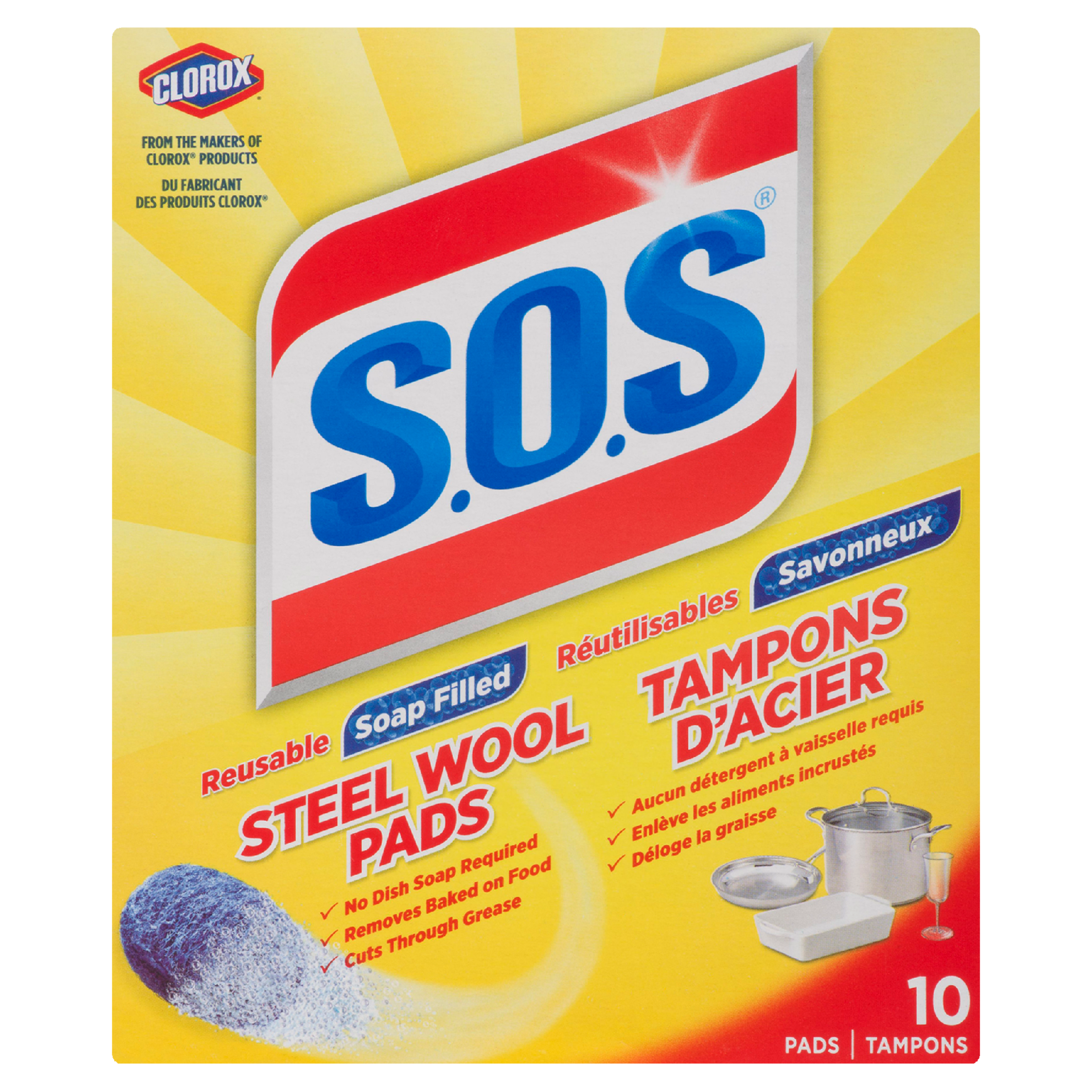 S.O.S Steel Wool Pads Soap Filled Reusable 10 Pads