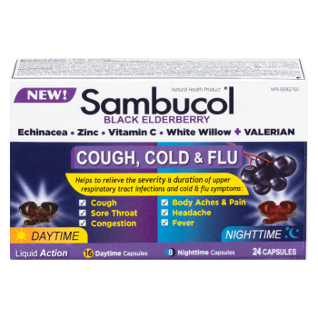 Sambucol Cough, Cold & Flu Black Elderberry Daytime Nighttime 24 Capsules