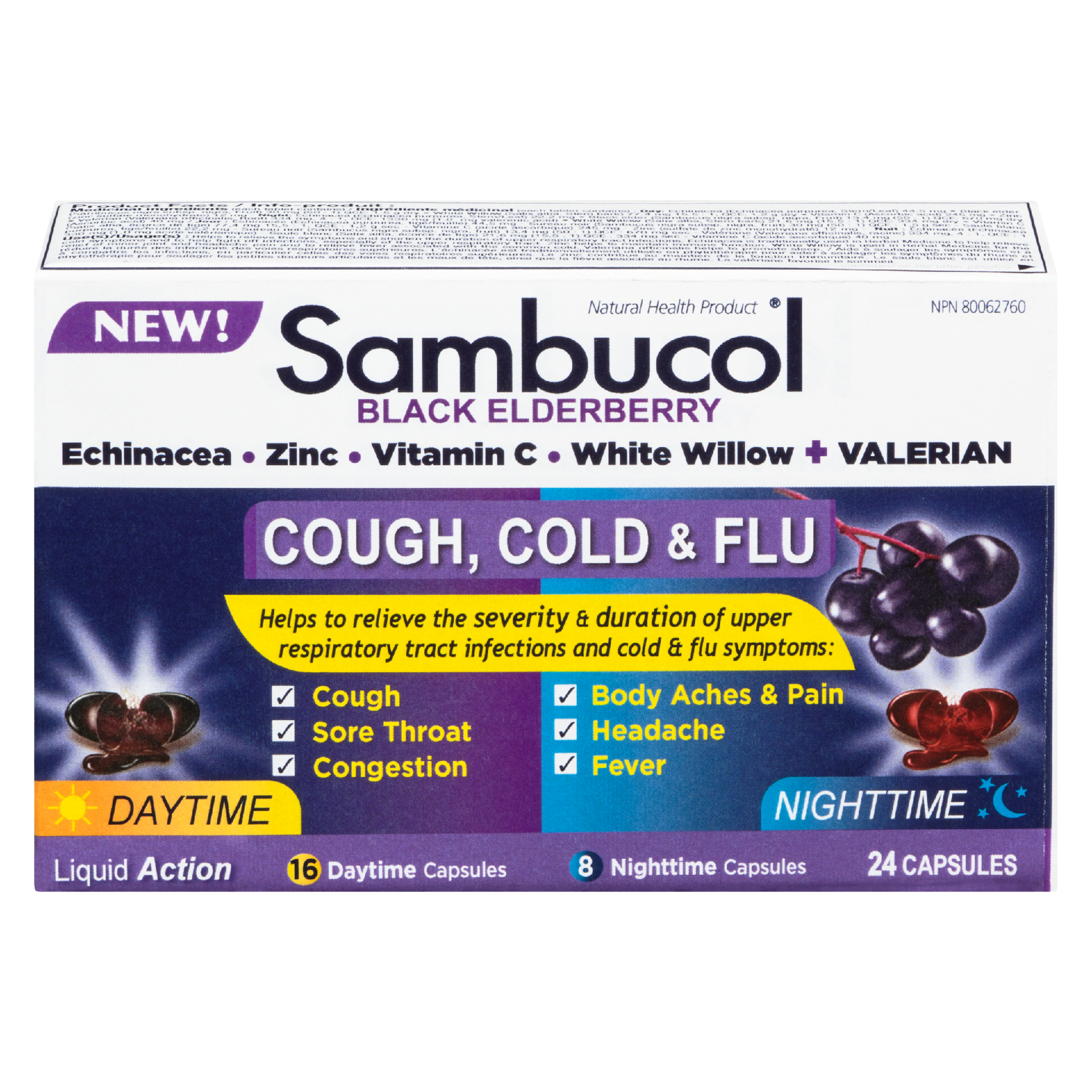Sambucol Cough, Cold & Flu Black Elderberry Daytime Nighttime 24 Capsules