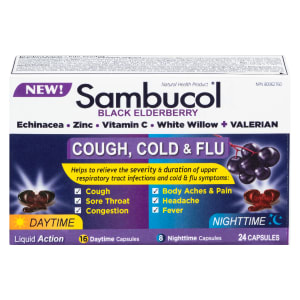 Sambucol Cough, Cold & Flu Black Elderberry Daytime Nighttime 24 Capsules