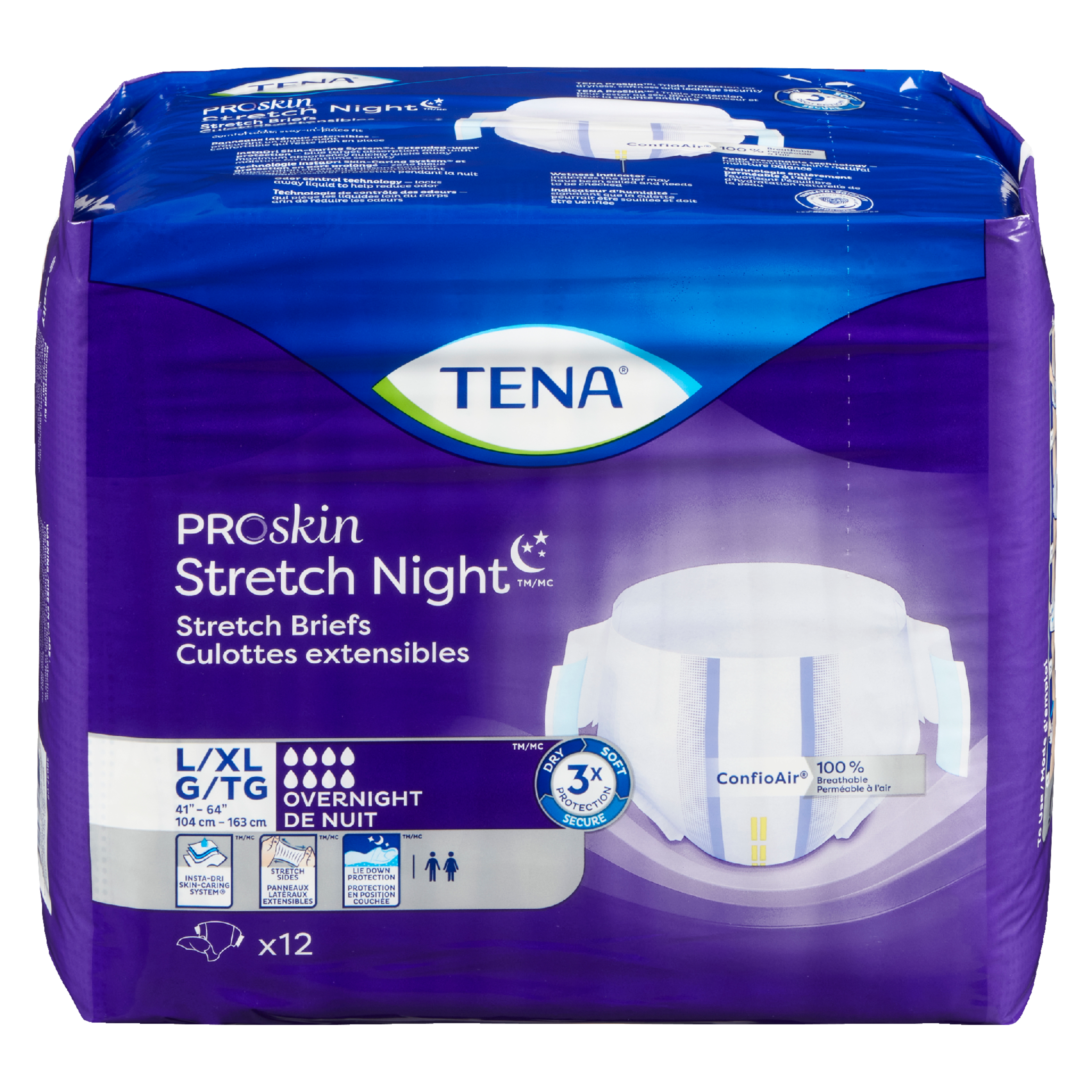TENA ProSkin Stretch Night Stretch Briefs Overnight Absorbency L/XL 12 Ct