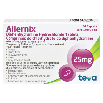 Teva Allernix Diphenhydramine Hydrochloride Tablets 25 mg 24 Caplets