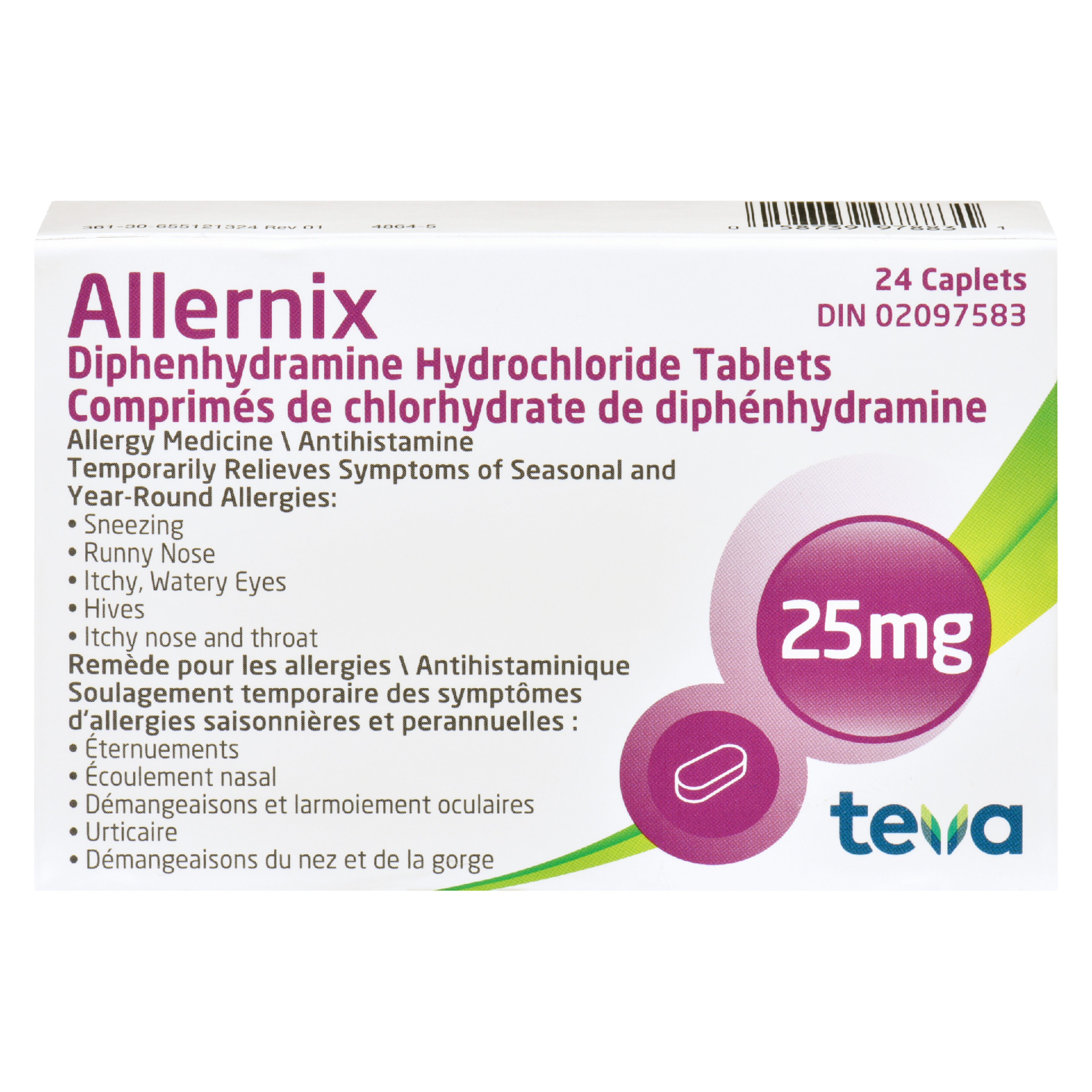 Teva Allernix Diphenhydramine Hydrochloride Tablets 25 mg 24 Caplets