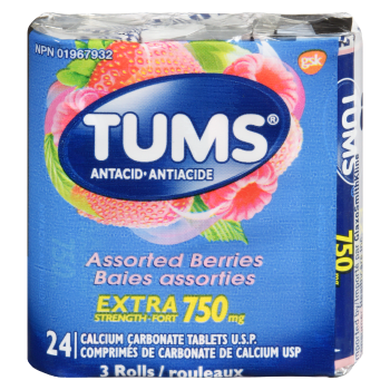 Tums Antacid Assorted Berries Extra Strength 750 mg 3 Rolls 24 Calcium Carbonate Tablets U.S.P.