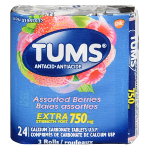 Tums Antacid Assorted Berries Extra Strength 750 mg 3 Rolls 24 Calcium Carbonate Tablets U.S.P.