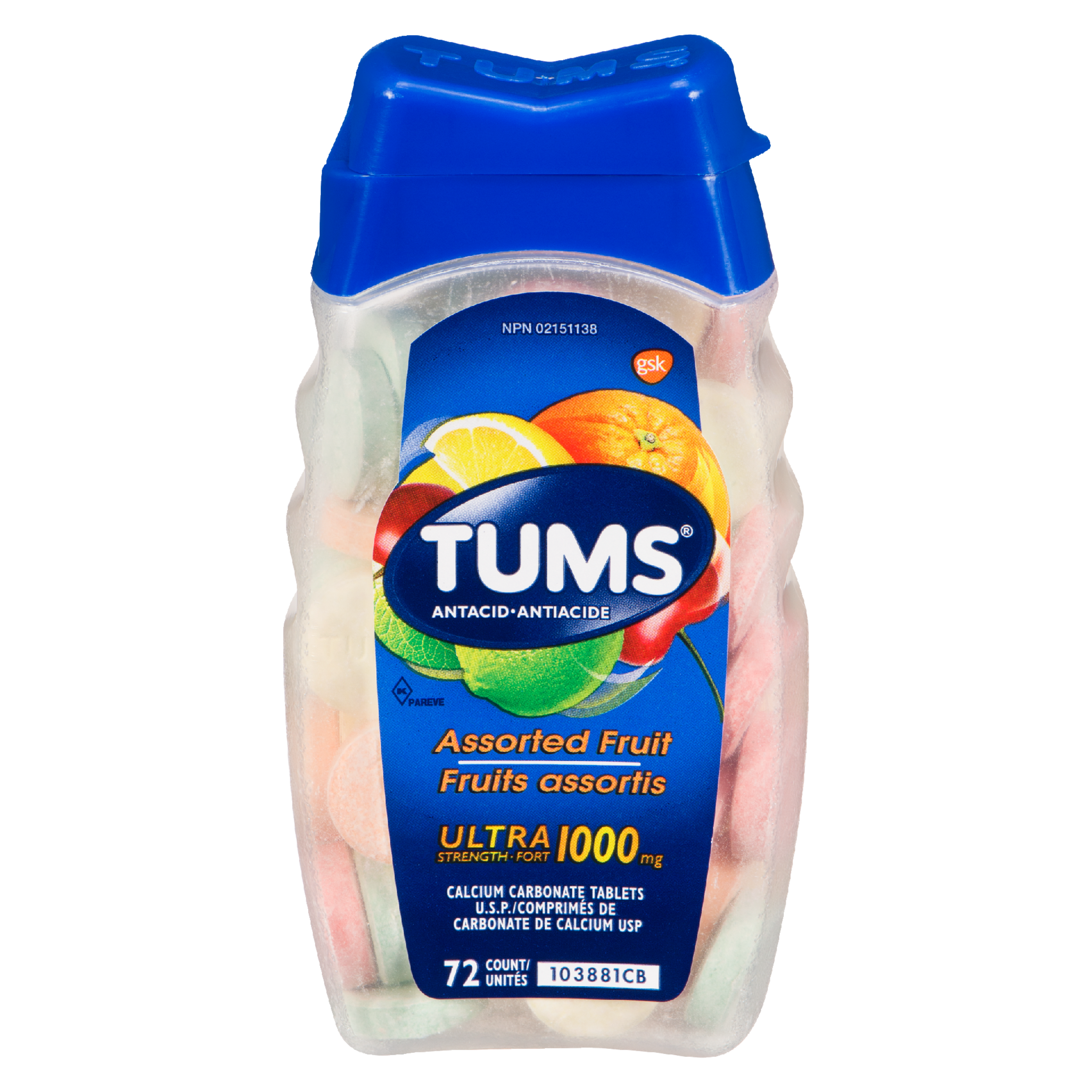 Tums Calcium Carbonate Tablets U.S.P. Assorted Fruit Ultra Strength 1000 mg 72 Count