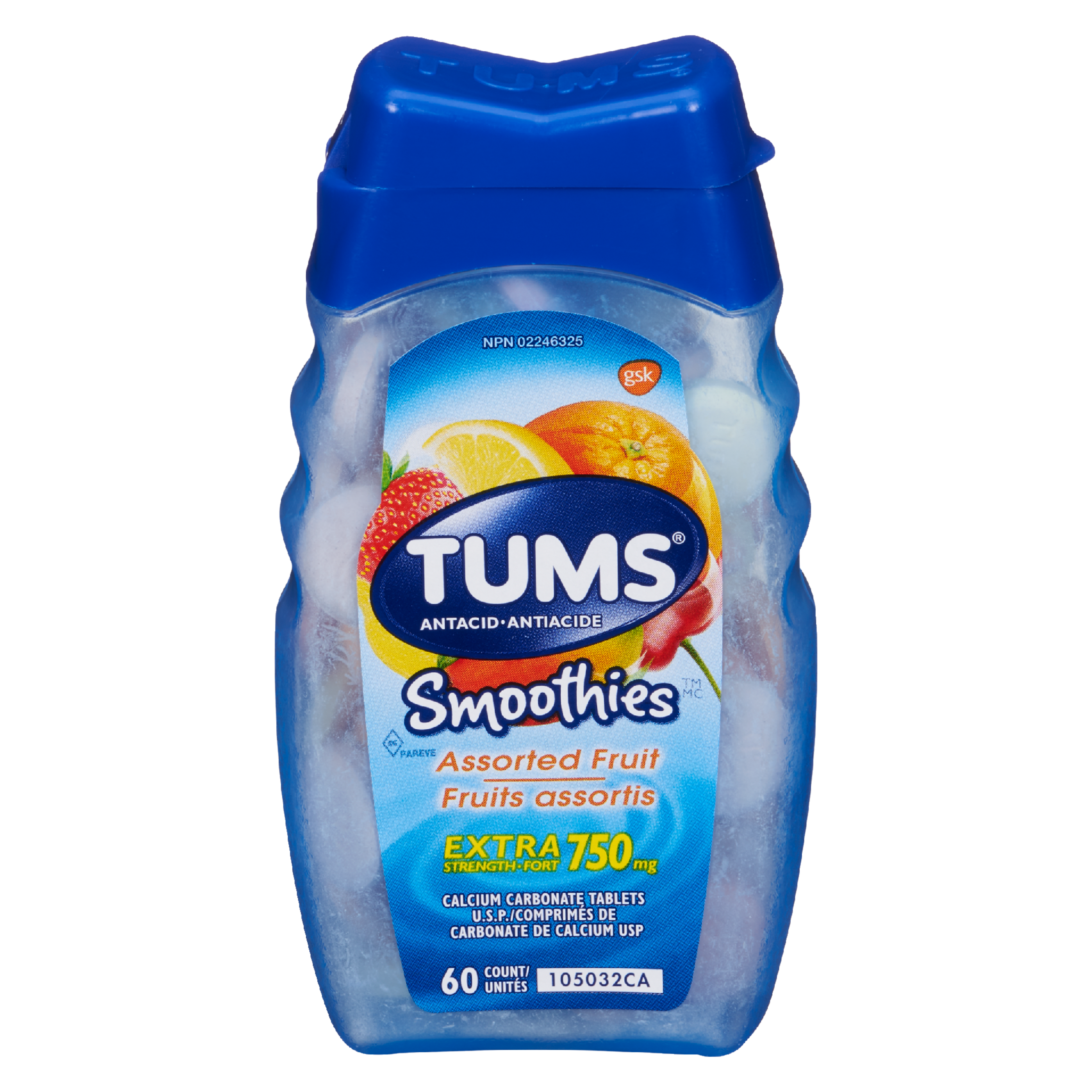 Tums Smoothies Antacid Assorted Fruit Extra Strength 750 mg 60 Calcium Carbonate Tablets U.S.P.