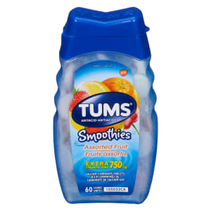 Tums Smoothies Antacid Assorted Fruit Extra Strength 750 mg 60 Calcium Carbonate Tablets U.S.P.