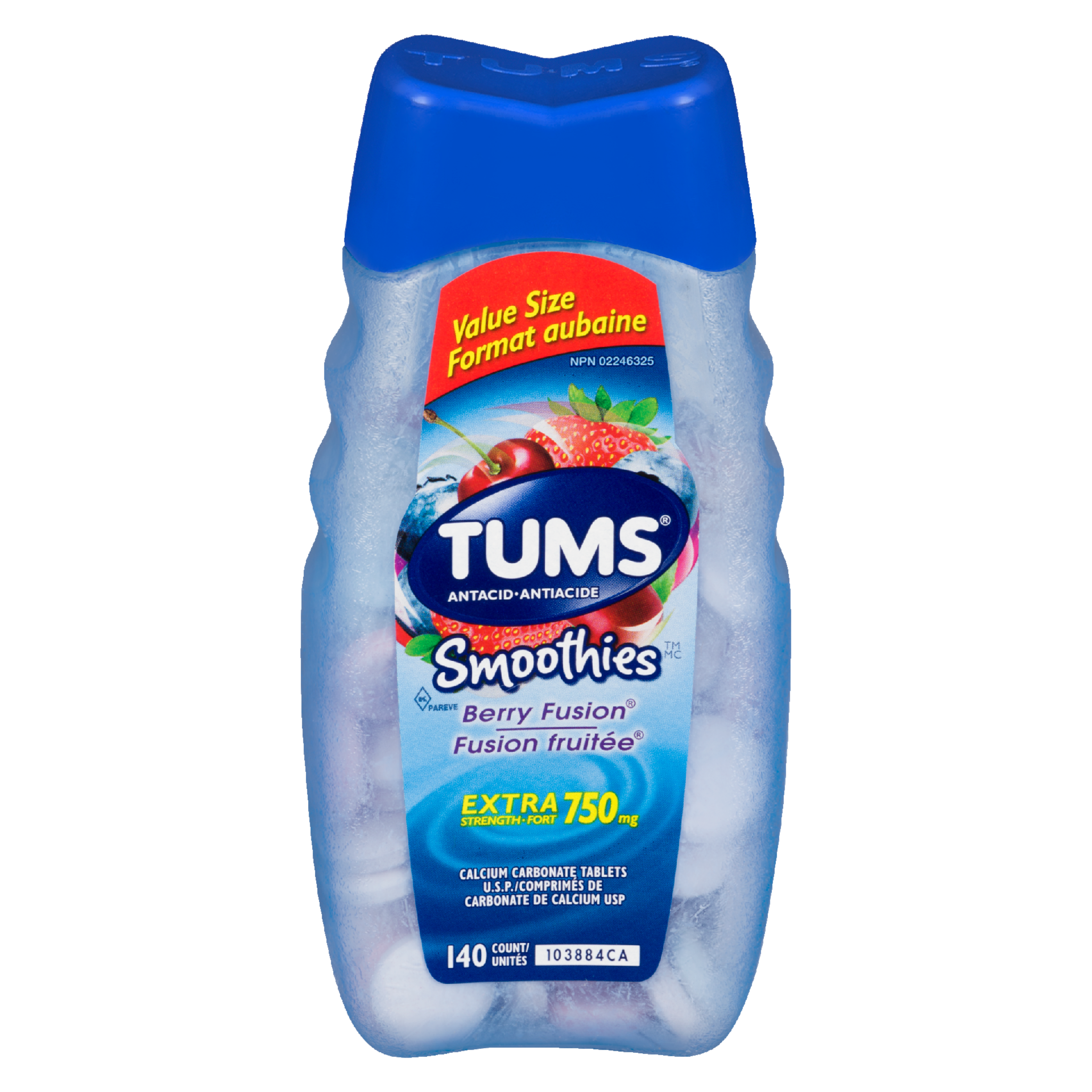 Tums Smoothies Berry Fusion Extra Strength 750 mg Antacid Value Size 140 Count