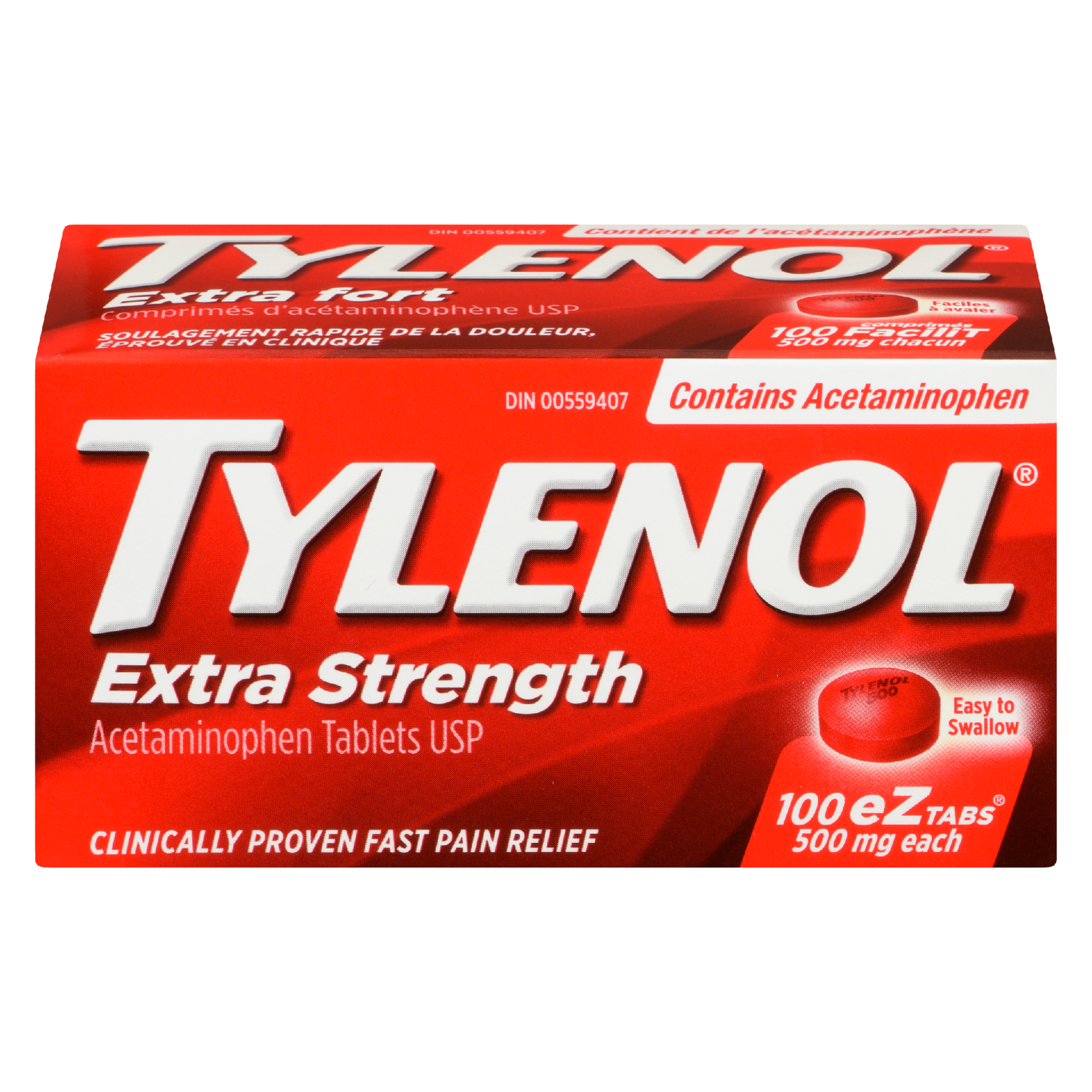 Tylenol Acetaminophen Tablets USP Extra Strength 500 mg Each 100 eZtabs