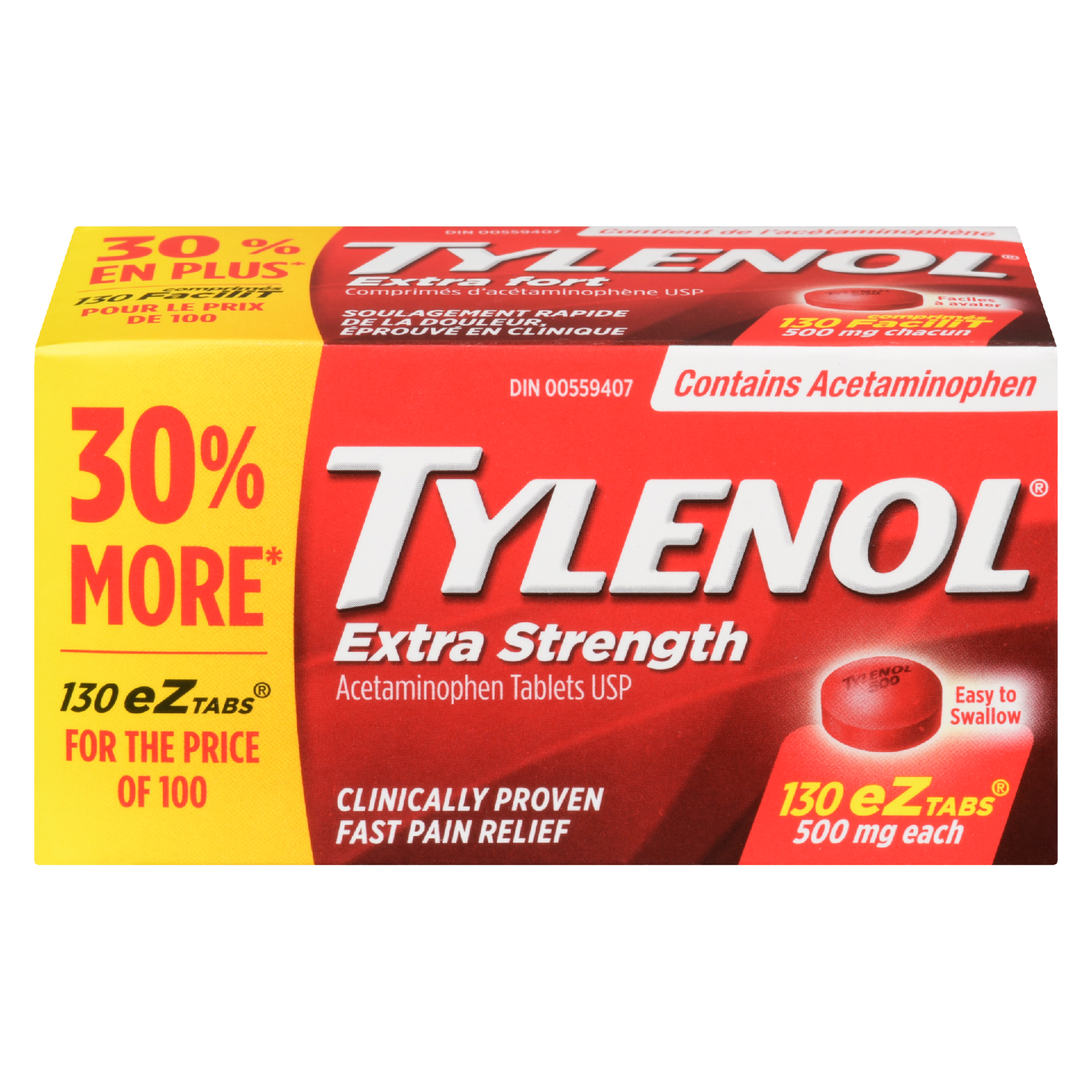 TYLENOL Acetaminophen Tablets USP Extra Strength 500 mg Each 130 Ez Tabs