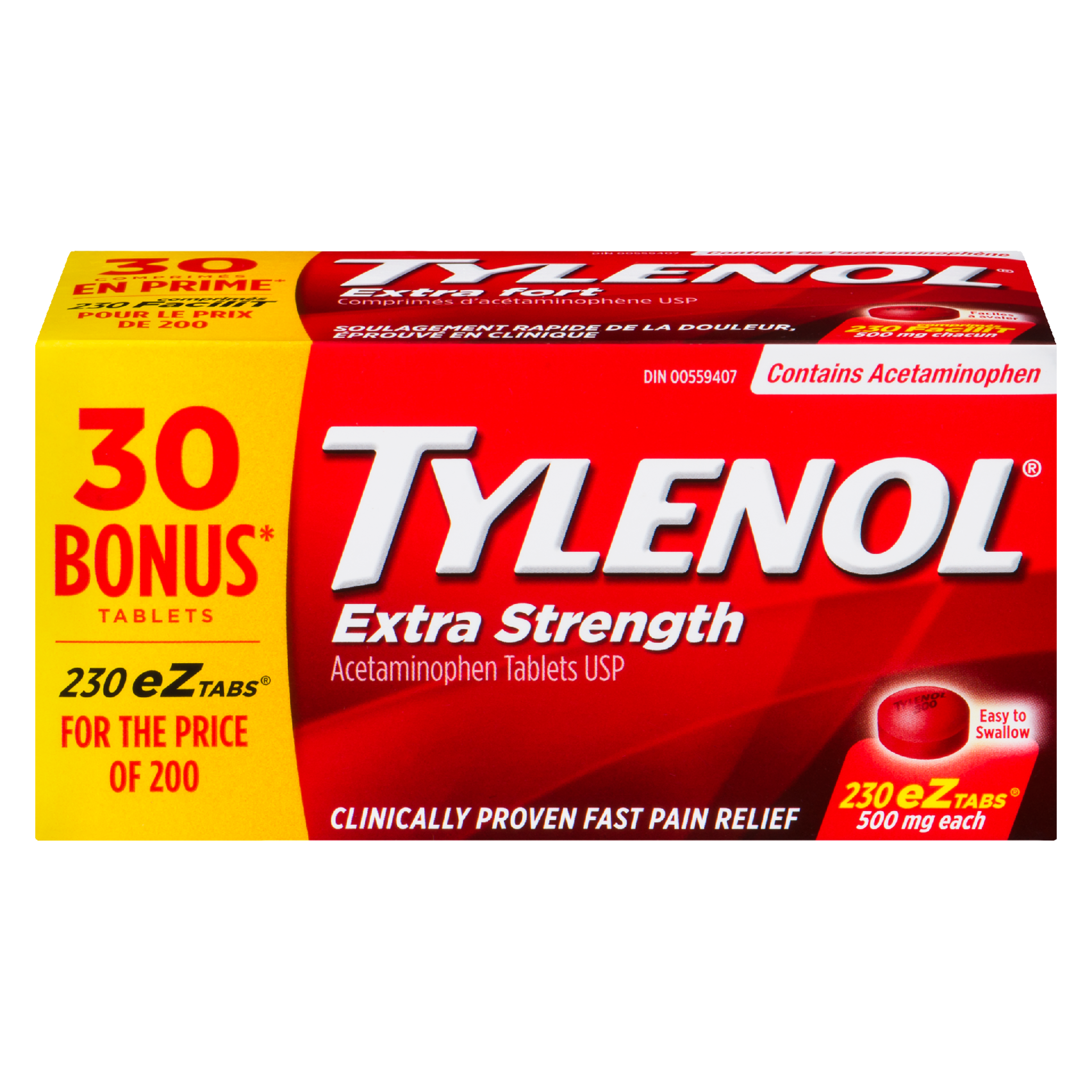 Tylenol Acetaminophen Tablets USP Extra Strength 500 mg Each 230 eZtabs