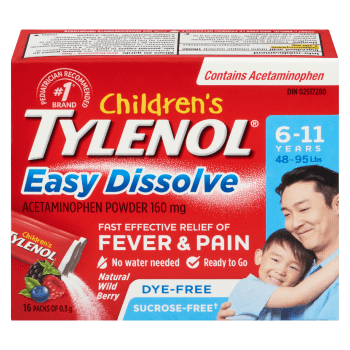 TYLENOL Children's Acetaminophen Powder 160 mg Easy Dissolve 6-11 Years Natural Wild Berry 16 Packs of 0.3 g