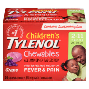 TYLENOL Children's Acetaminophen Tablets USP Chewables 2-11 Years 160 mg Each Grape 20 Chewable Tablets