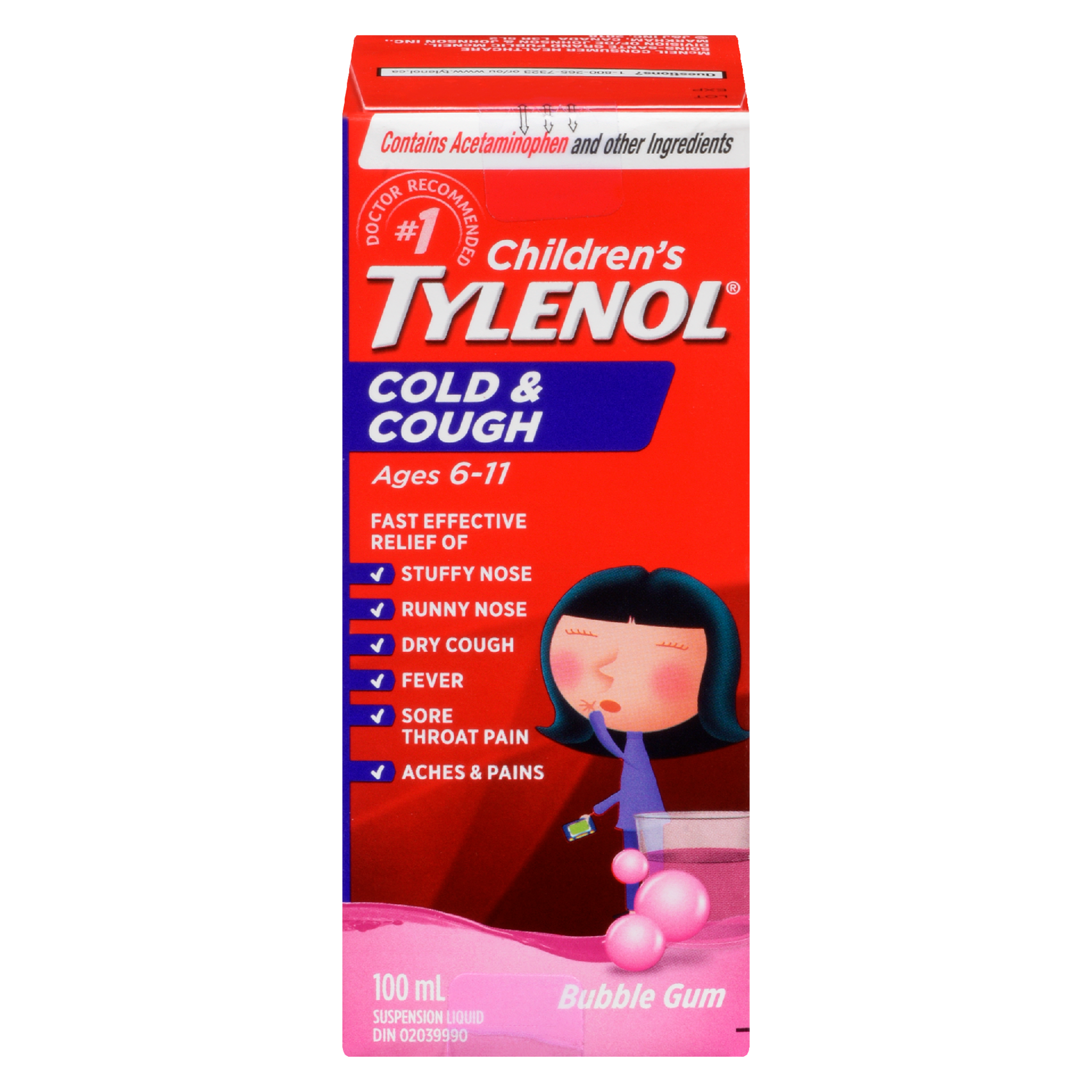 Tylenol Children's Suspension Liquid Cold & Cough Bubble Gum Ages 6-11 100 ml