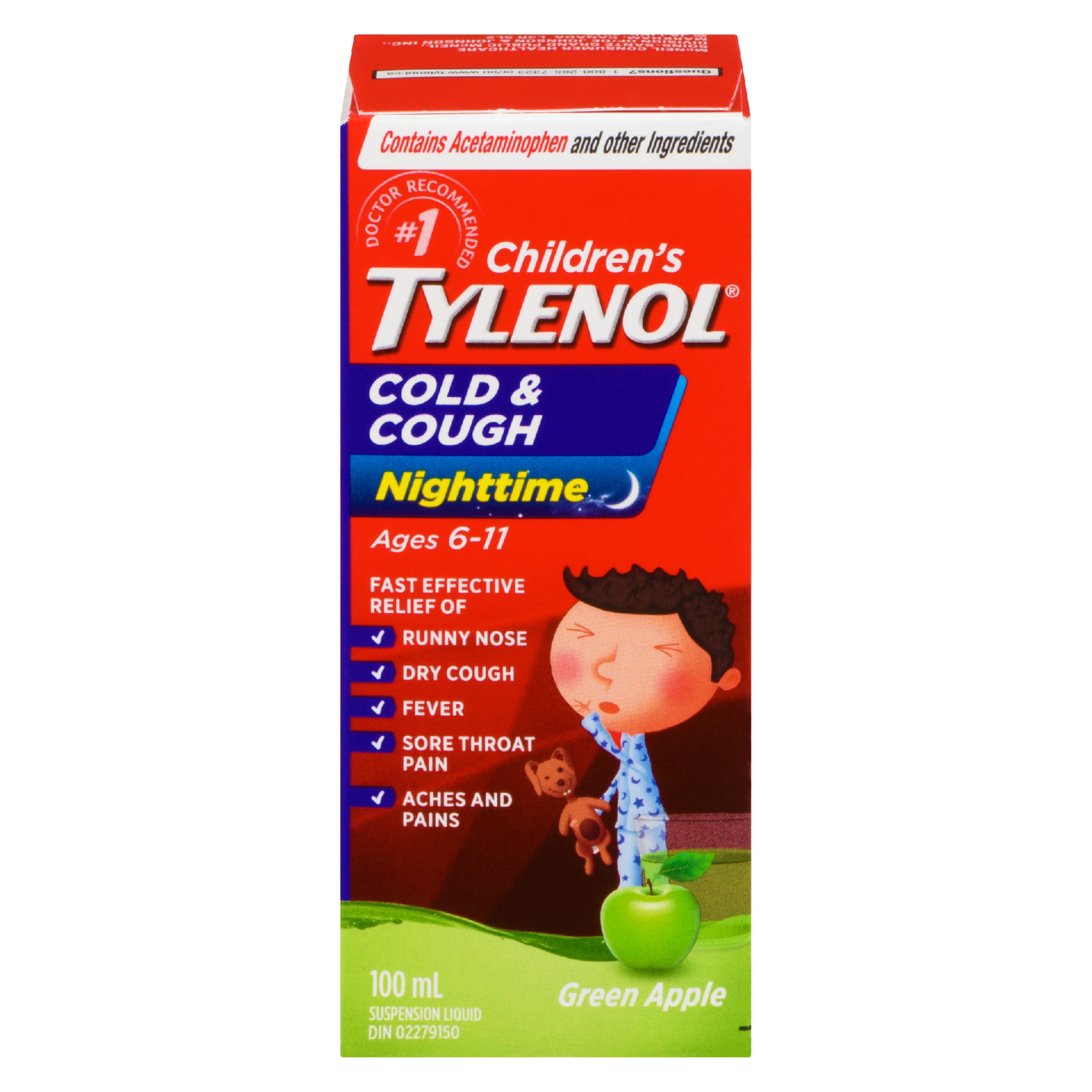 Tylenol Children's Suspension Liquid Cold & Cough Nighttime Green Apple Ages 6-11 100 ml